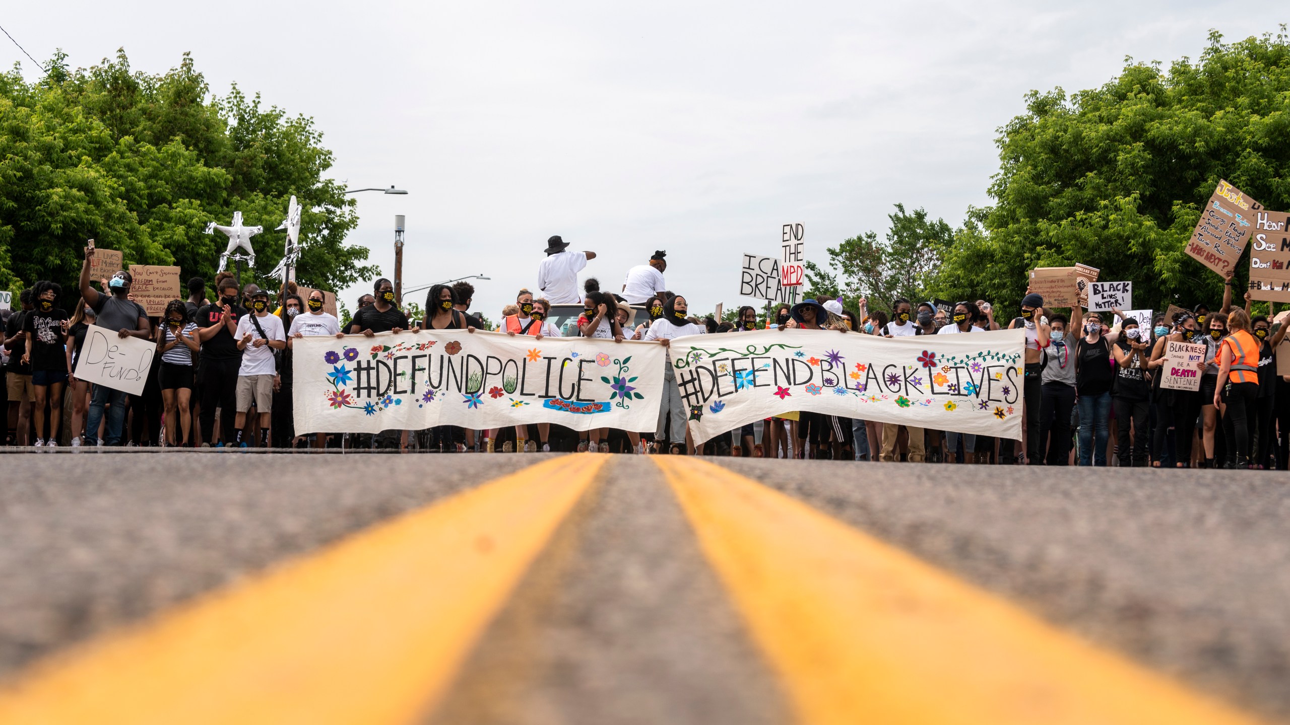 Demonstrators call to defund the Minneapolis Police Department in a march on University Avenue on June 6, 2020 in Minneapolis, Minnesota. (Stephen Maturen/Getty Images)