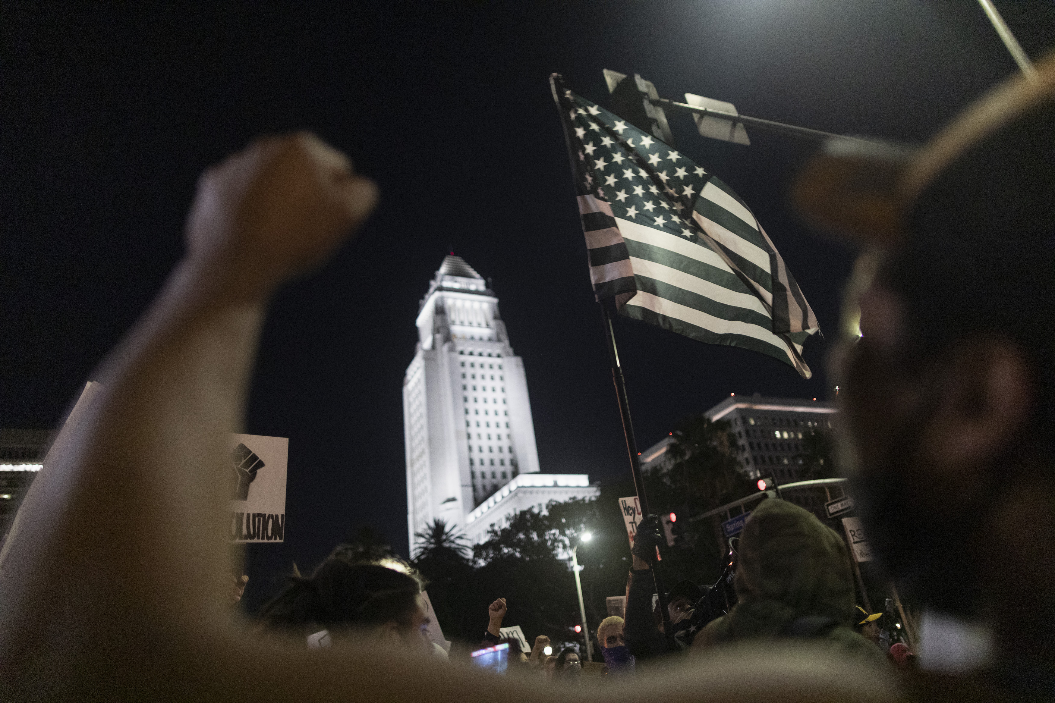 Racial justice protesters rally near Los Angeles City Hall on June 6, 2020. (David McNew / Getty Images)