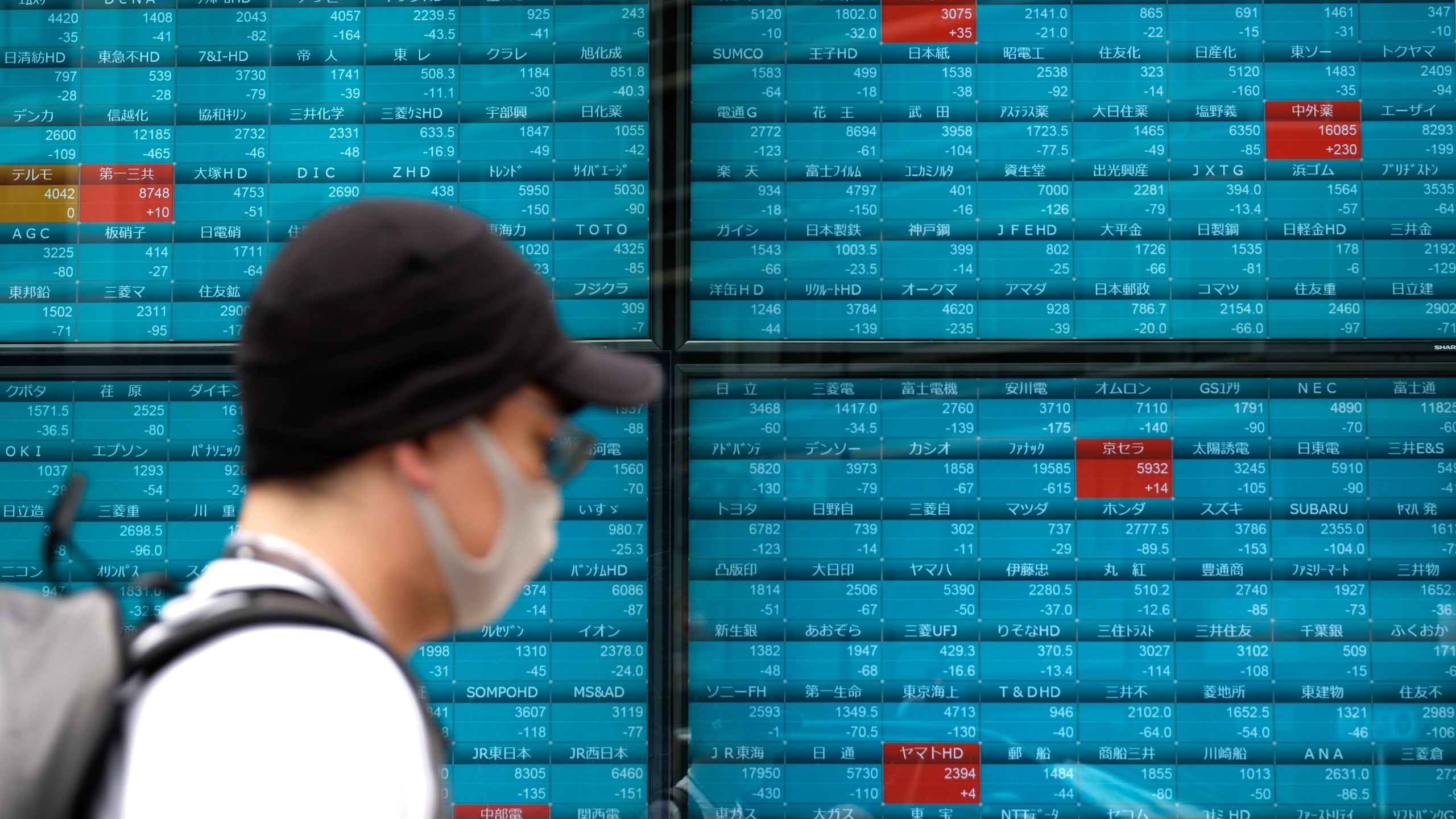 A pedestrian walks in front of an electronic quotation board displaying stock prices of the Tokyo Stock Exchange in Tokyo on June 12, 2020. (KAZUHIRO NOGI/AFP via Getty Images)