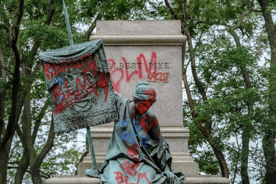 The pedestal where a statue of Confederate Gen. Albert Pike once stood remains empty after it was toppled by protesters in Washington, D.C., on June 20, 2020. (Alex Wroblewski / Getty Images)