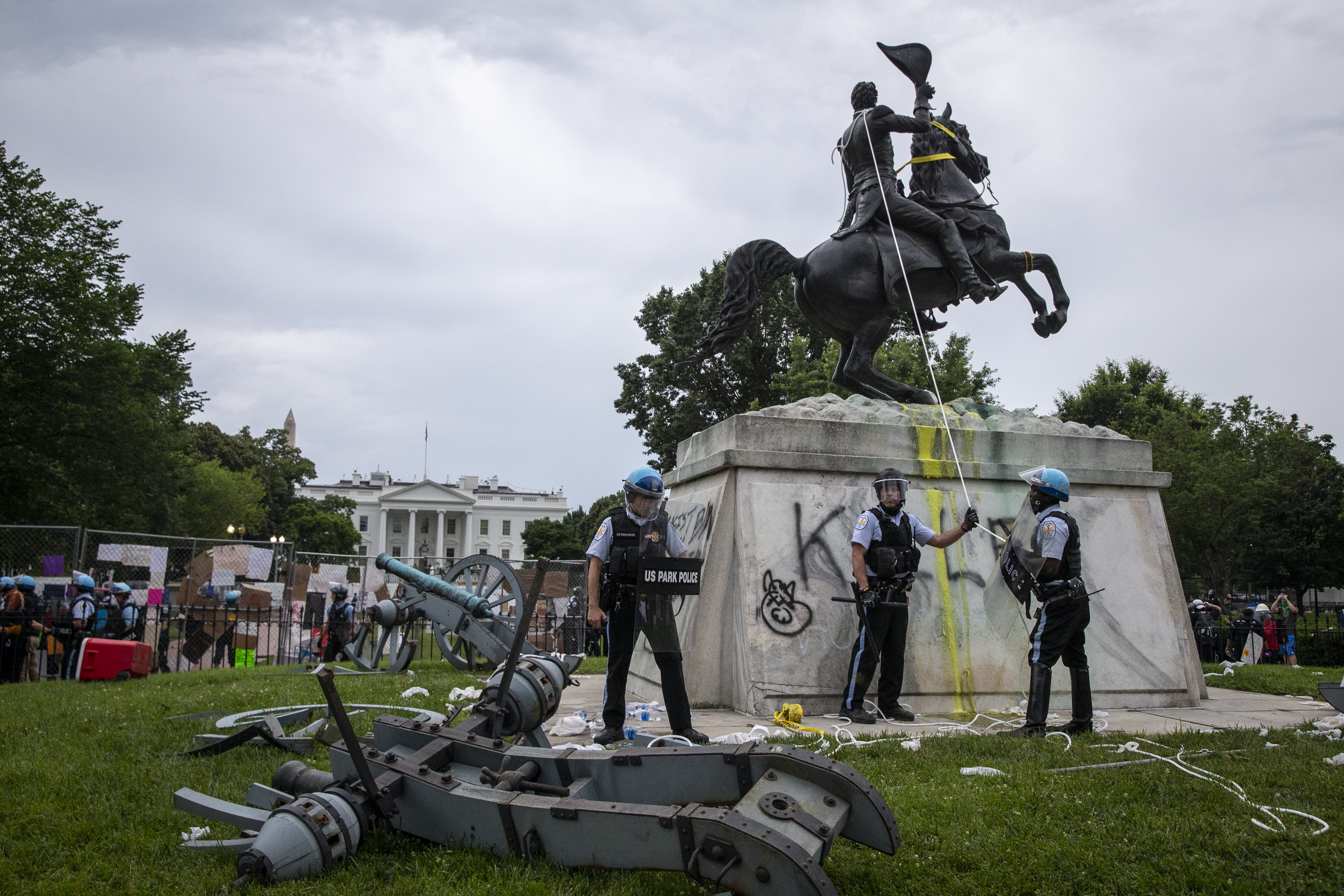 U.S. Park Police stand guard after protesters attempted to pull down the statue of Andrew Jackson in Lafayette Square near the White House on June 22, 2020 in Washington, D.C. (Tasos Katopodis /Getty Images)