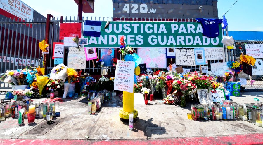 A makeshift memorial for Andres Guardado is seen on June 23, 2020, near where he was fatally shot outside Gardena. (Frederic J. Brown / AFP / Getty Images)