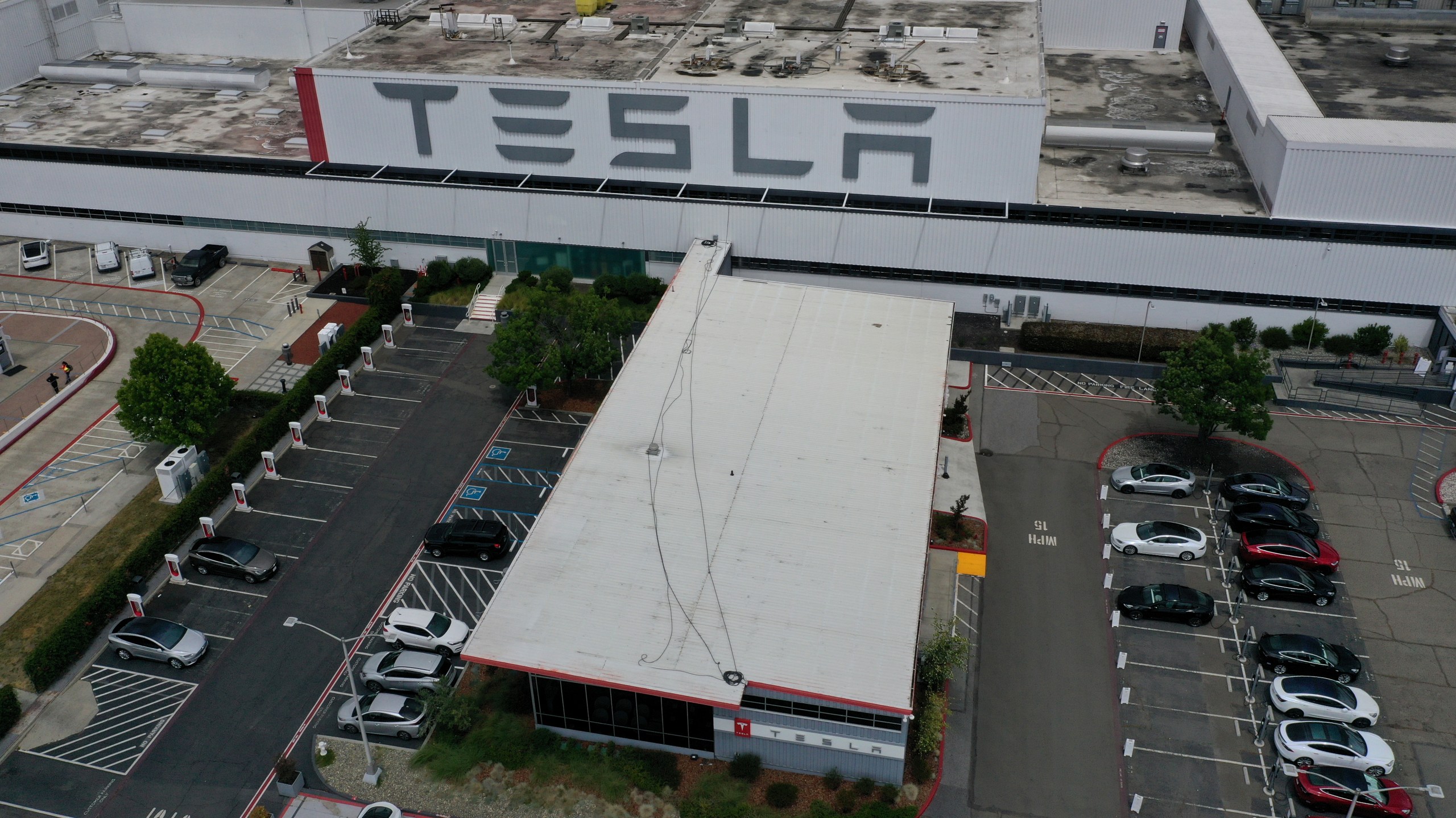 The Tesla factory in Fremont is seen on May 12, 2020. (Justin Sullivan / Getty Images)