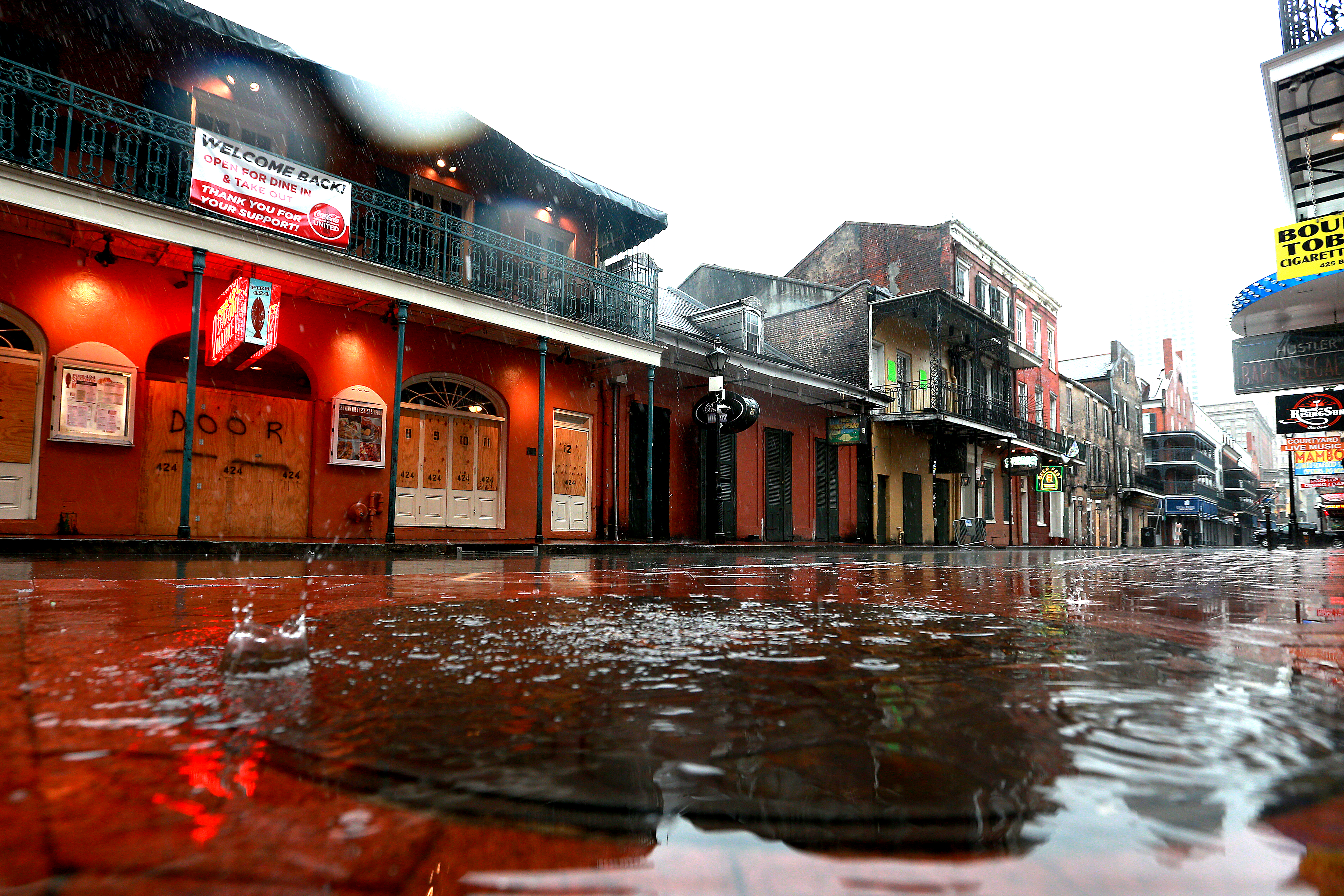 Water puddles along Bourbon Street in the French Quarter as Tropical Storm Cristobal nears the coast on June 7, 2020, in New Orleans, La. (Sean Gardner/Getty Images)