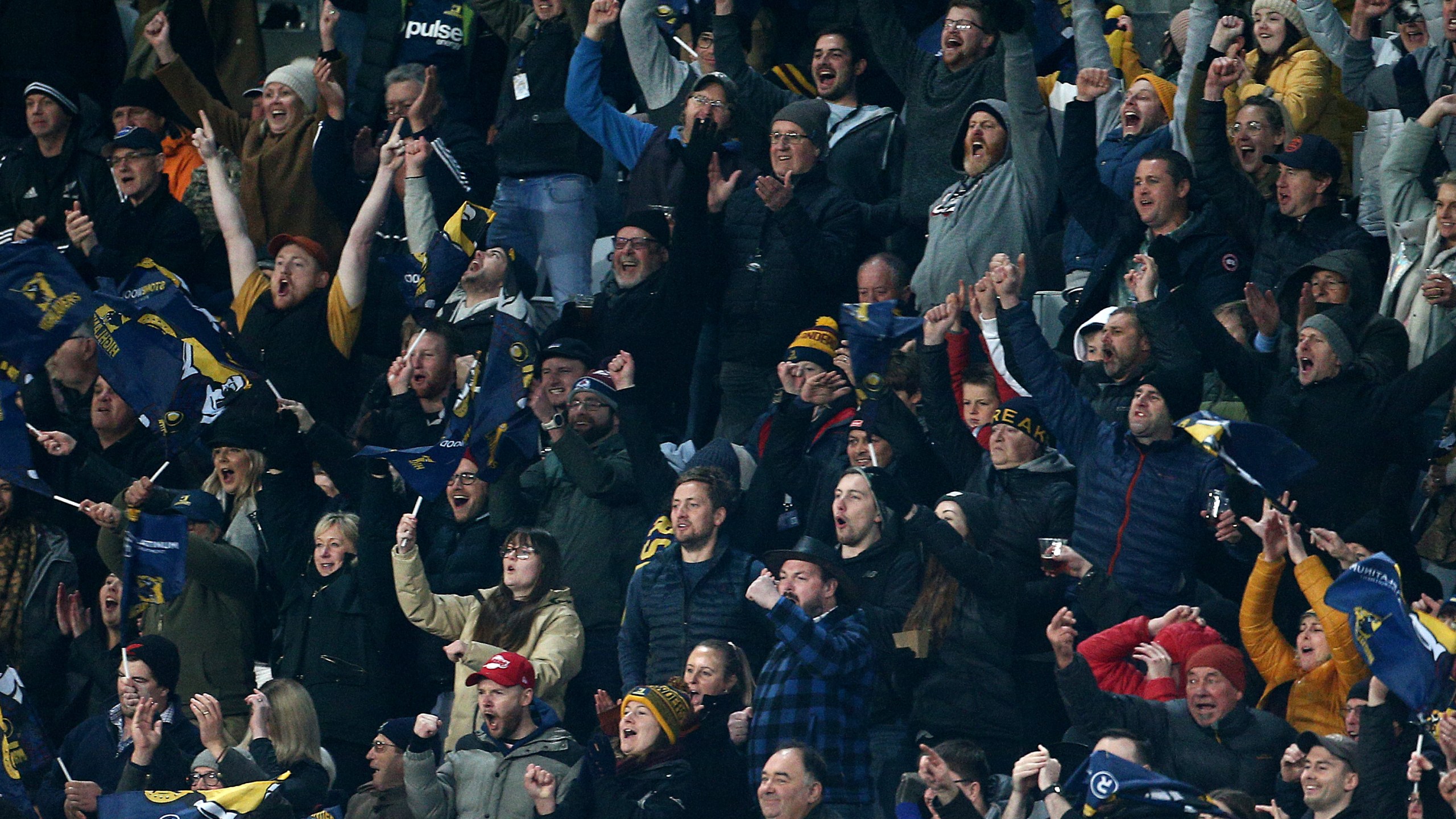 Fans watch during the Super Rugby match between the Highlanders and Chiefs on June 13, 2020, in Dunedin, New Zealand. (Dianne Manson/Getty Images)