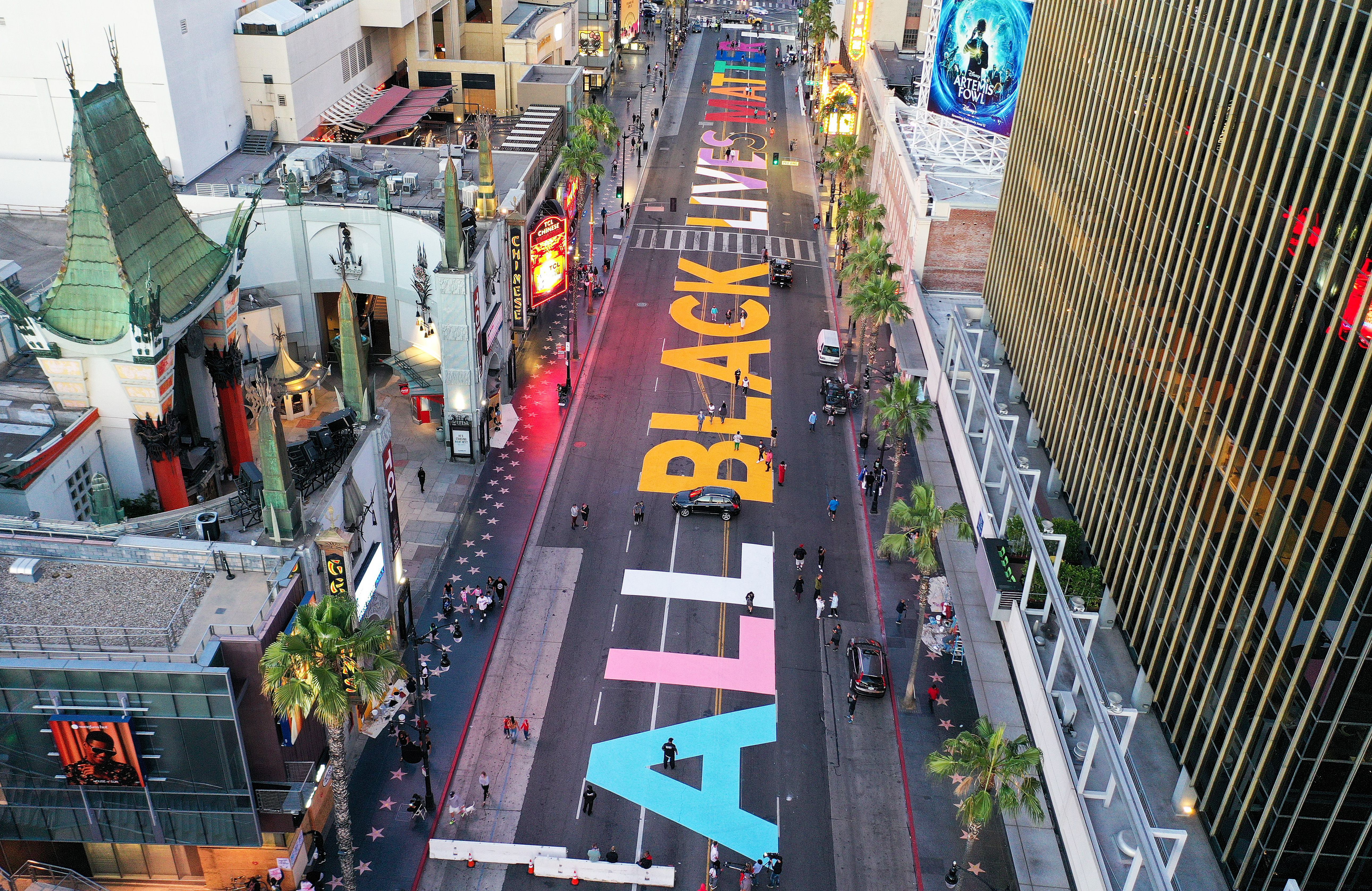 Hollywood Boulevard is painted with the words "All Black Lives Matter" near the famous TCL Chinese Theatre ahead of a protest the wake of George Floyd’s death on June 13, 2020. (Mario Tama/Getty Images)