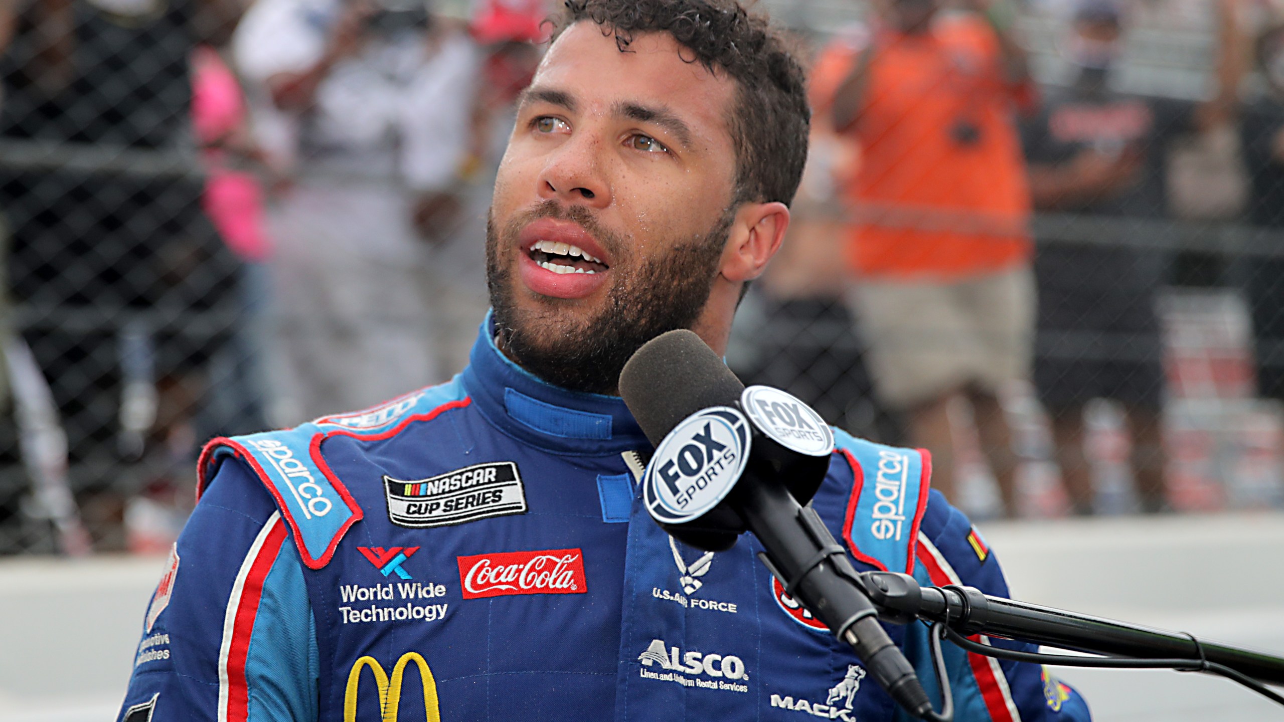 Bubba Wallace speaks to media after the NASCAR Cup Series GEICO 500 at Talladega Superspeedway in Alabama on June 22, 2020. (Chris Graythen / Getty Images)