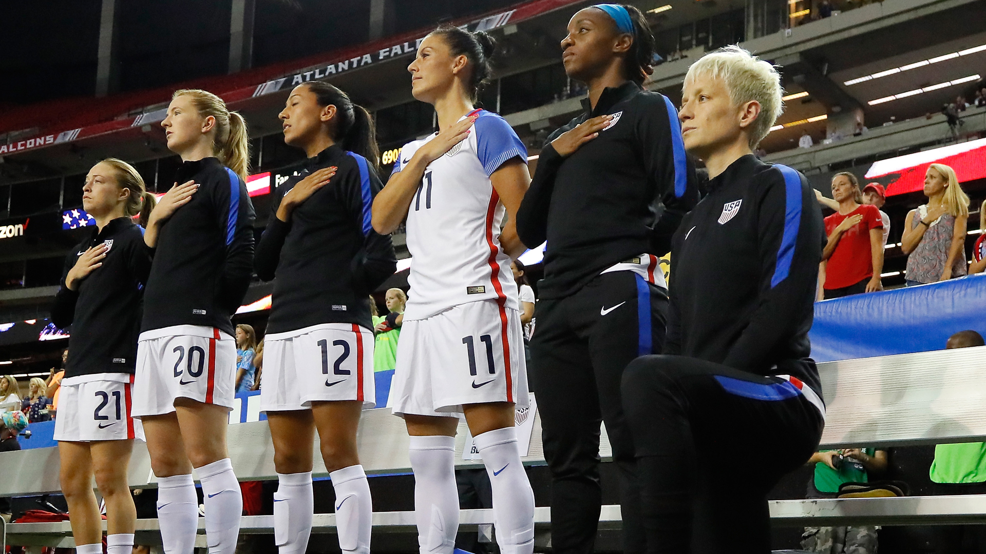 Megan Rapinoe #15 kneels during the national anthem before a match between the United States and the Netherlands at Georgia Dome on Sept. 18, 2016 in Atlanta. (Kevin C. Cox/Getty Images)