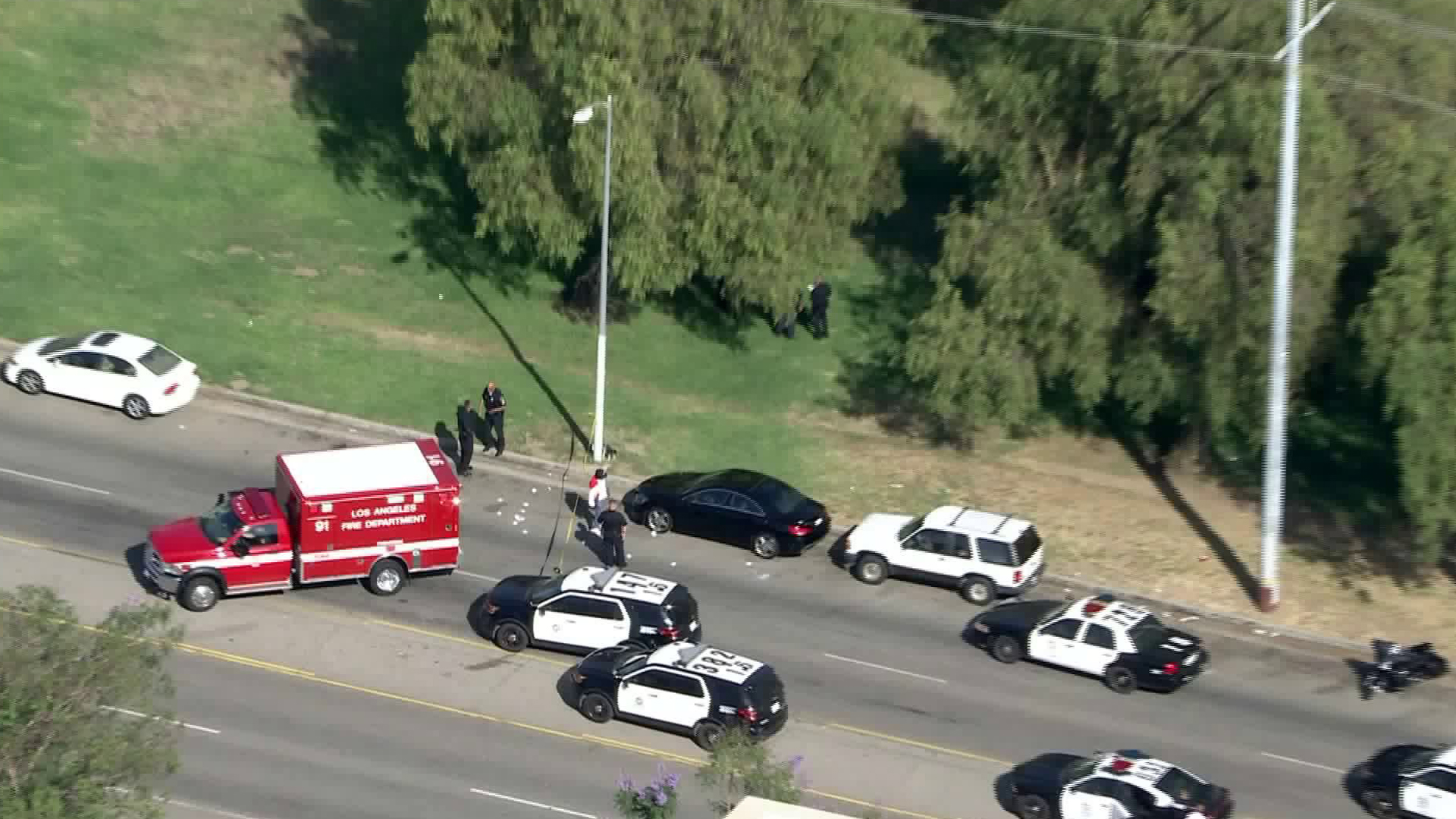 Several LAPD units respond to a shooting in the Hansen Dam area on June 29, 2020. (KTLA)