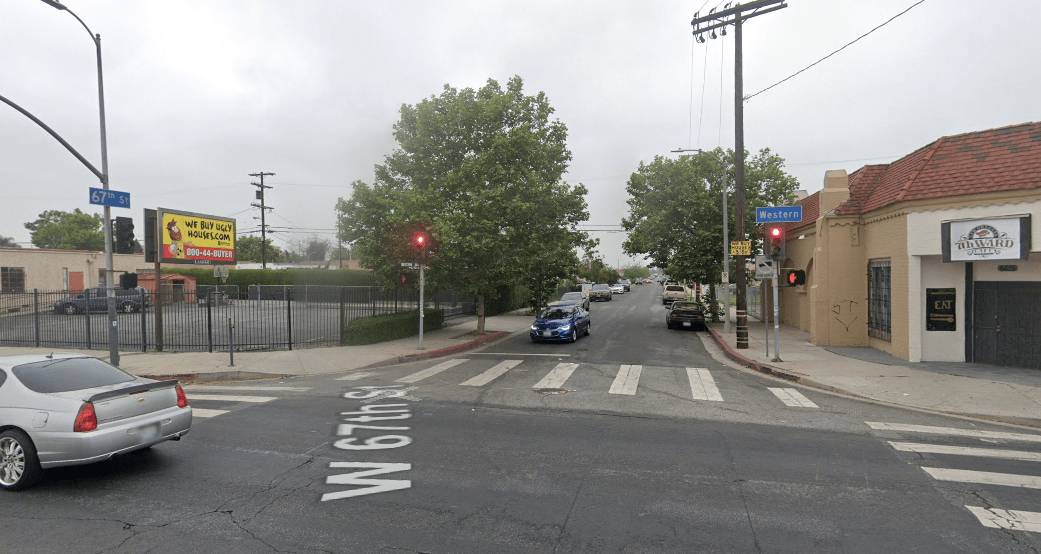 The intersection of 67th Street and Western Avenue in South L.A. is shown in a Street View image from Google Maps.