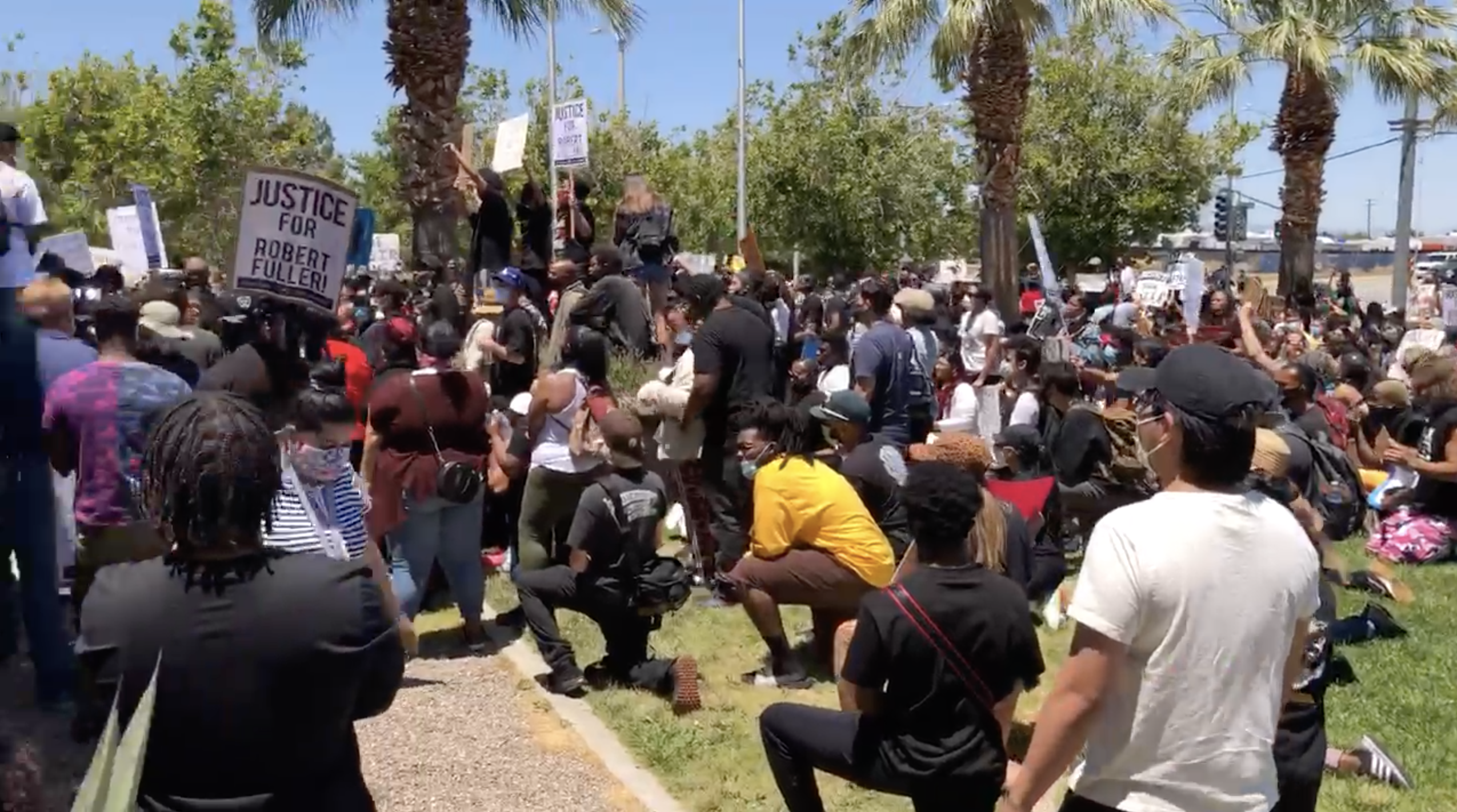 Protesters gather in Palmdale on June 13, 2020, after the death Robert Fuller. (KTLA)