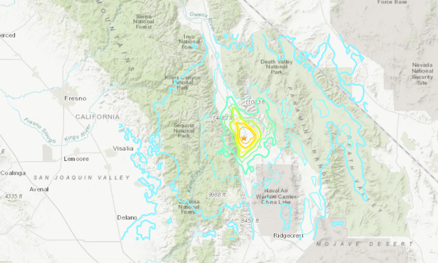 A USGS map shows the location of a magnitude 5.8 earthquake that struck southeast of Lone Pine in the southern Sierra Nevada on June 24, 2020.