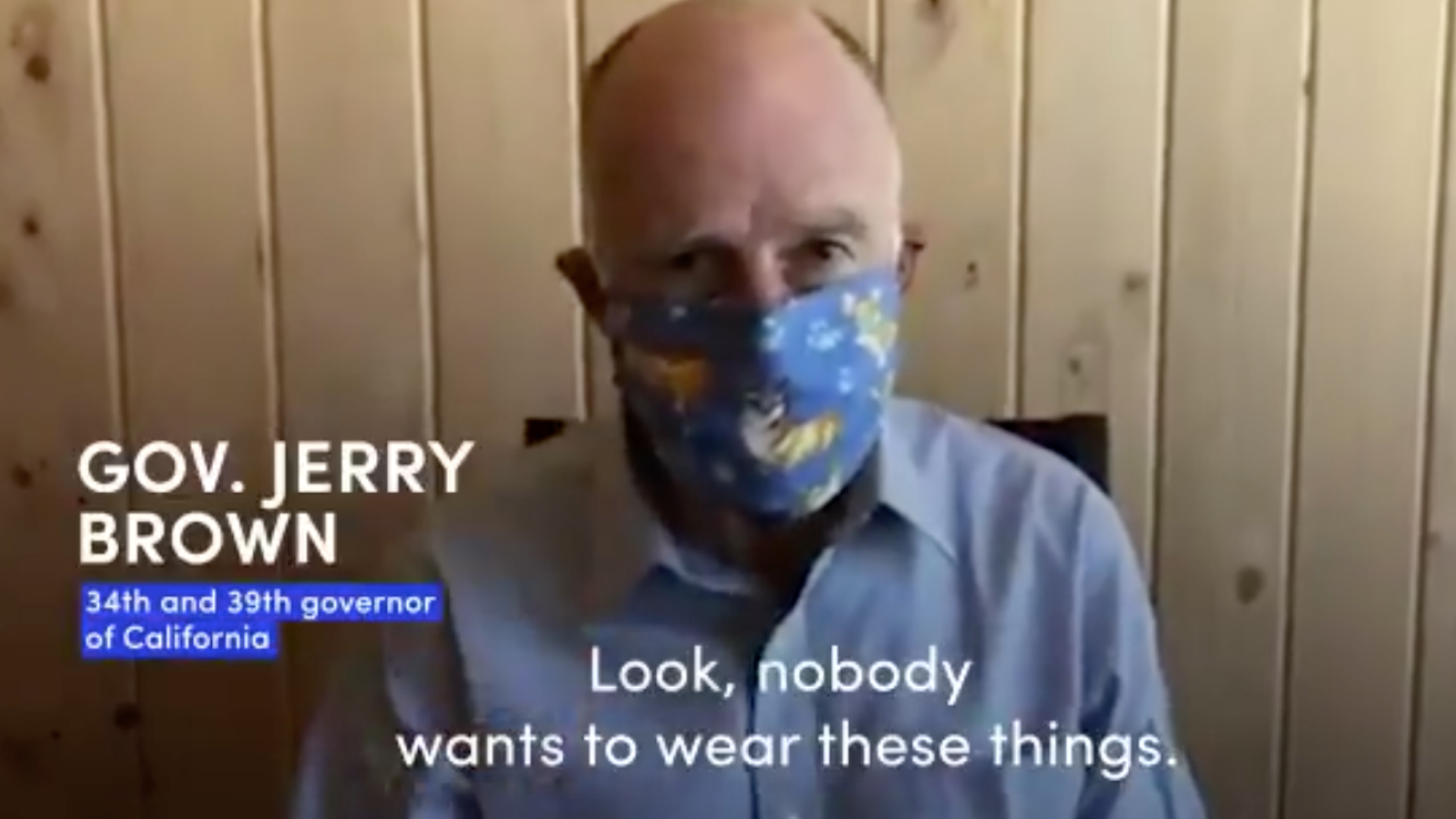 Former governor Jerry Brown appears in a PSA tweeted by Gov. Gavin Newsom's office on June 22, 2020 asking Californians to wear facial coverings to help prevent the spread of COVID-19.