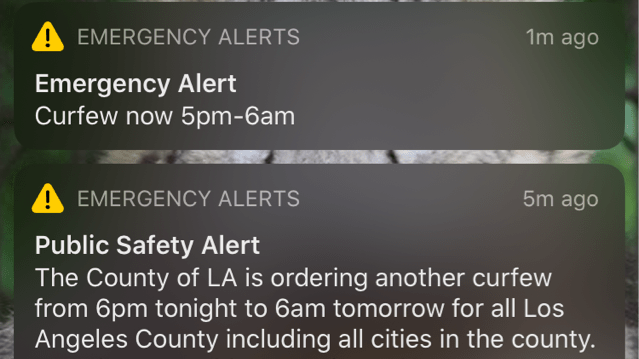 A pair of conflicting alerts were sent to Los Angeles County cellphones on June 1, 2020.