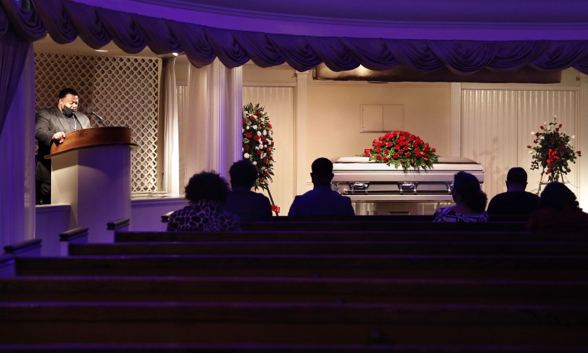 A funeral service for Charles Jackson, who died from COVID-19, was held at Angelus Funeral Home in Los Angeles on April 15. (Christina House / Los Angeles Times)