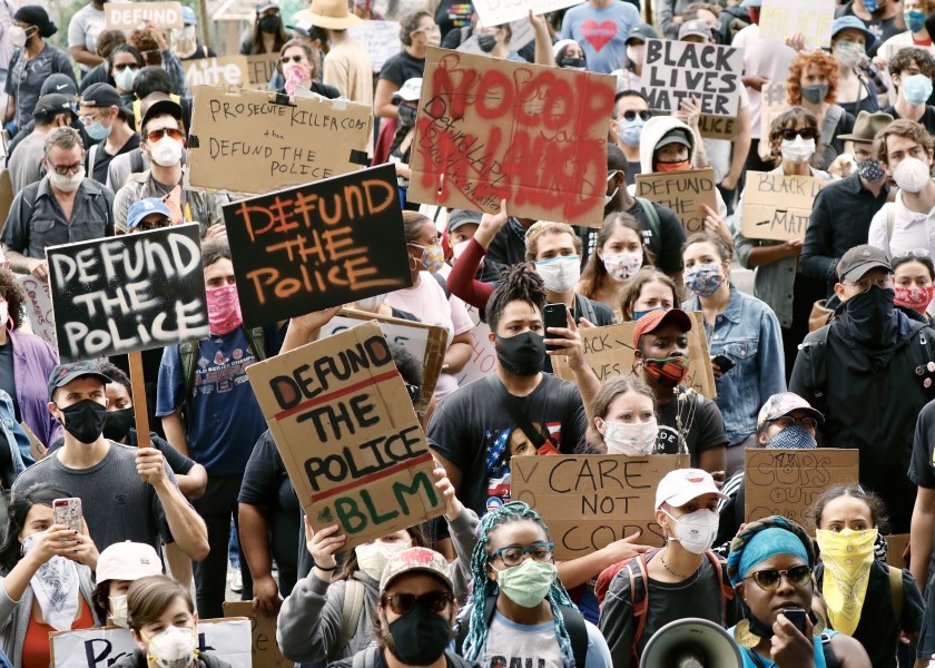 Hundreds of students and community members gather at the Miguel Contreras Learning Complex in Los Angeles on June 16, 2020. (Al Seib / Los Angeles Times)