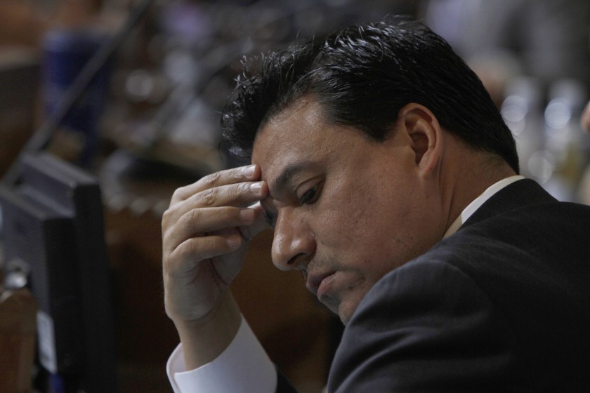 Los Angeles City Councilman Jose Huizar is shown at a meeting in February 2020. (Francine Orr / Los Angeles Times)