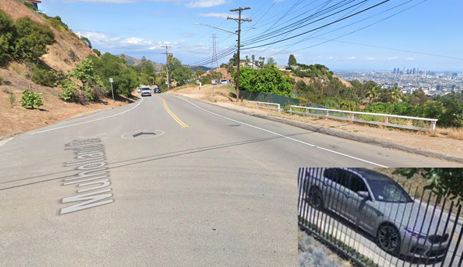 Mulholland Drive and Pacific View Trail is shown in a Street View image from Google Maps and a photo of the involved vehicle was provided by the Los Angeles Police Department on June 30, 2020.