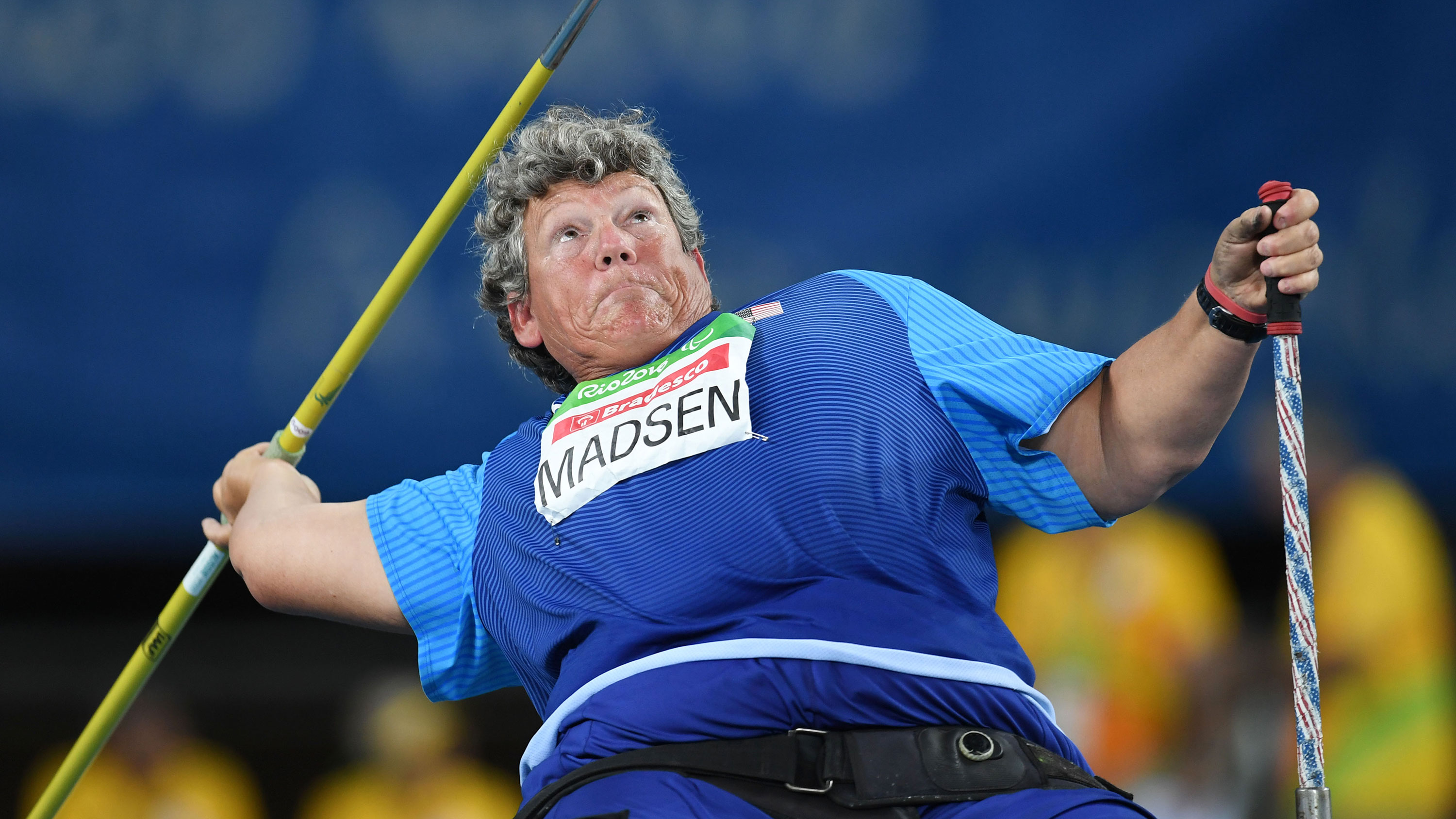 Angela Madsen competes in the women's javelin throw - F56 final on day 3 of the Rio 2016 Paralympic Games at Olympic stadium on Sept. 10, 2016 in Rio de Janeiro, Brazil. (Atsushi Tomura/Getty Images for Tokyo 2020)