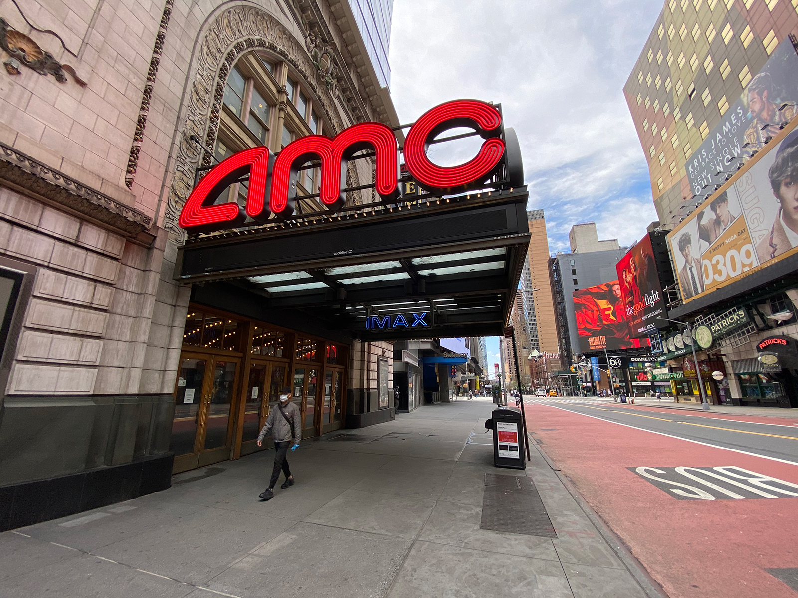 An AMC movie theater in Times Square remains closed during the coronavirus pandemic on May 3, 2020 in New York City. (Rob Kim/Getty Images)