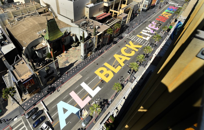 “All Black Lives Matter” is painted on Hollywood Boulevard in front of TCL Chinese Theatre on June 13, 2020. (Wally Skalij / Los Angeles Times)