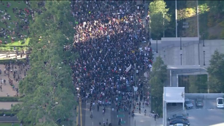 Protesters hold a demonstration against Los Angeles County District Attorney Jackie Lacey in downtown Los Angeles on June 10, 2020. (KTLA)