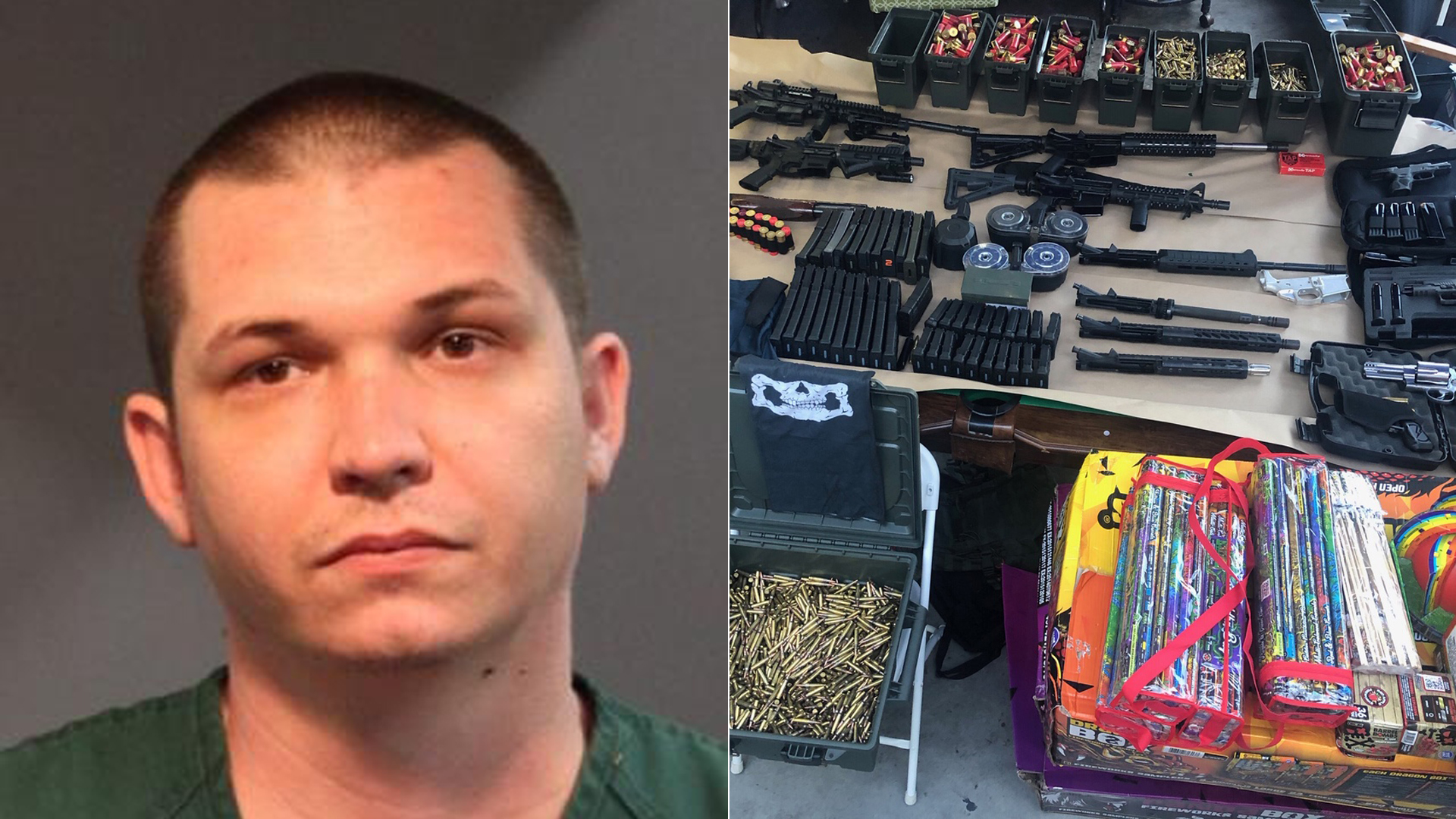 Jon Paul Worden and the cache of weapons found in his home are seen in photos released by the Santa Ana Police Department on June 2, 2020.