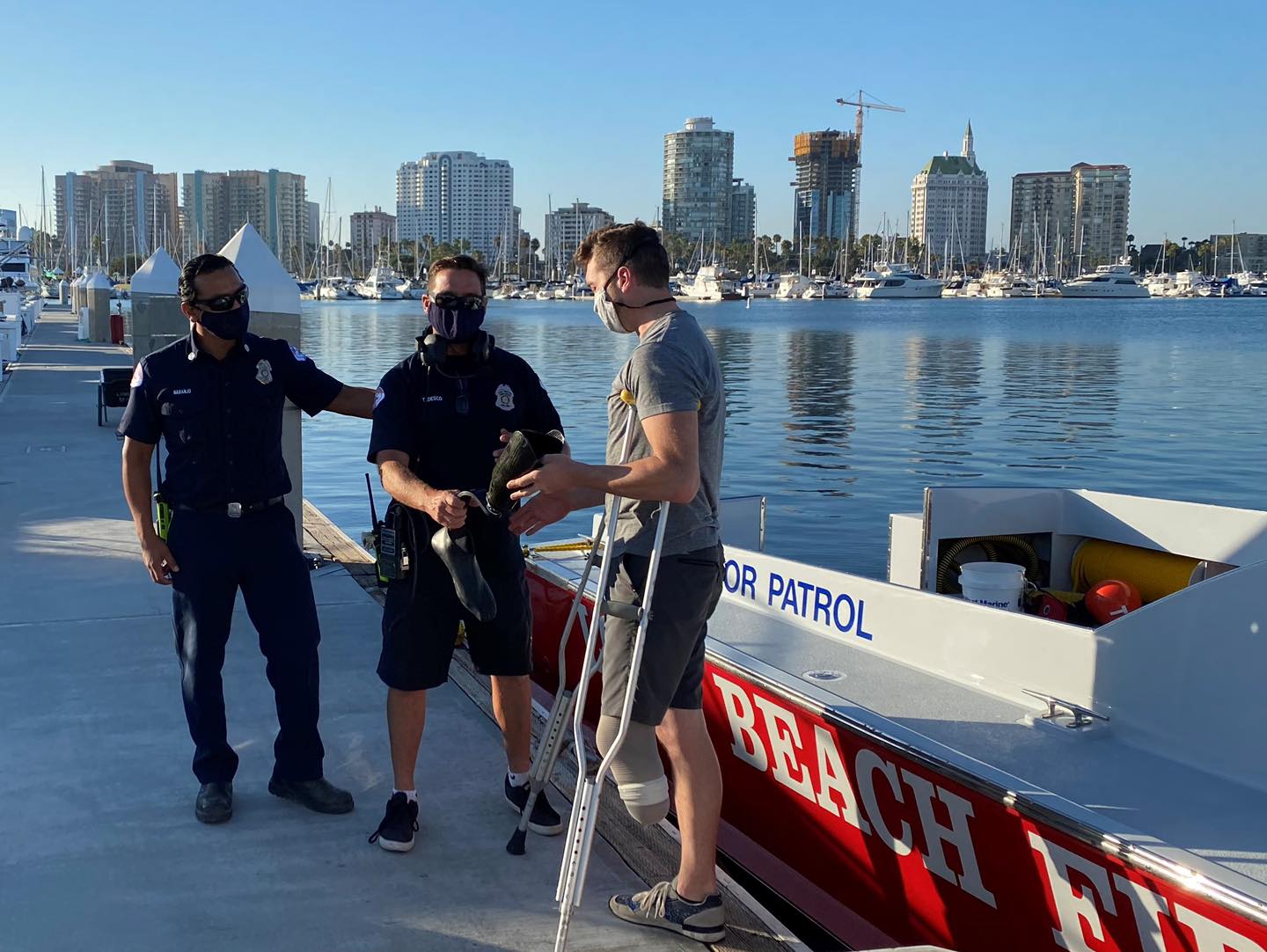 Rescue divers pulled Paralympic hopeful DeWalt Mix's prosthetic leg from the bottom of a Long Beach marina on July 28, 2020. (Long Beach Fire Department)