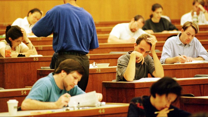 Law students are seen in an undated photo taking a practice California State Bar Exam at the UC Berkeley campus. (Sam Deaner / Associated Press)