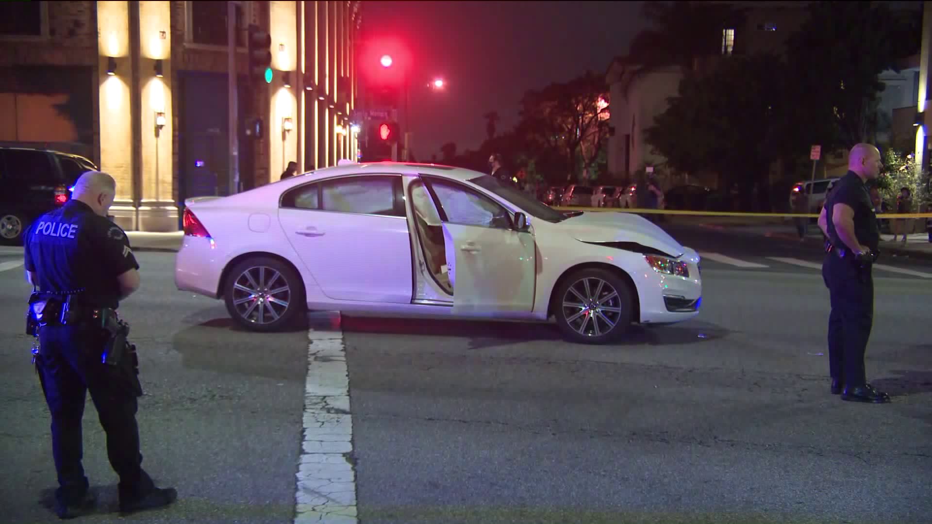 Two officers were transported to the hospital after a traffic collision in Sawtelle on July 22, 2020. (KTLA)