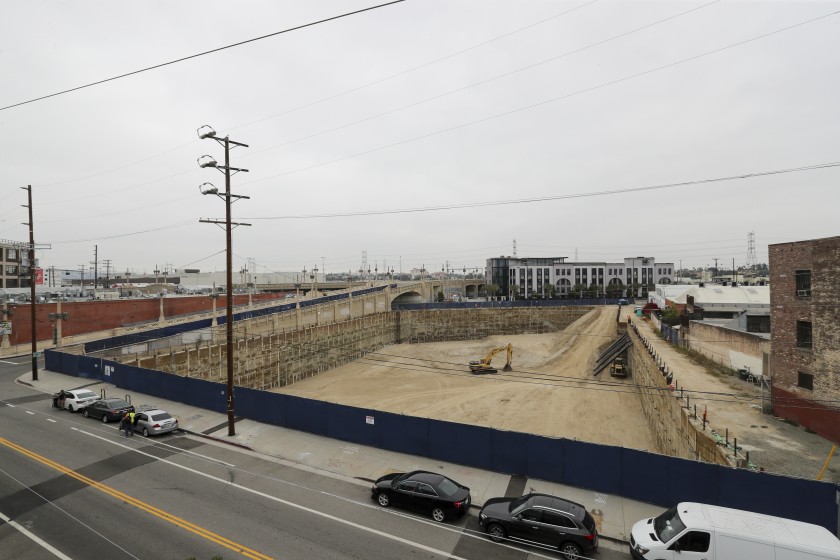 An undated file photo shows the site of the 520 Mateo project, a planned 35-story tower in the Arts District developed by the San Francisco-based real estate firm Carmel Partners. (Irfan Khan / Los Angeles Times)