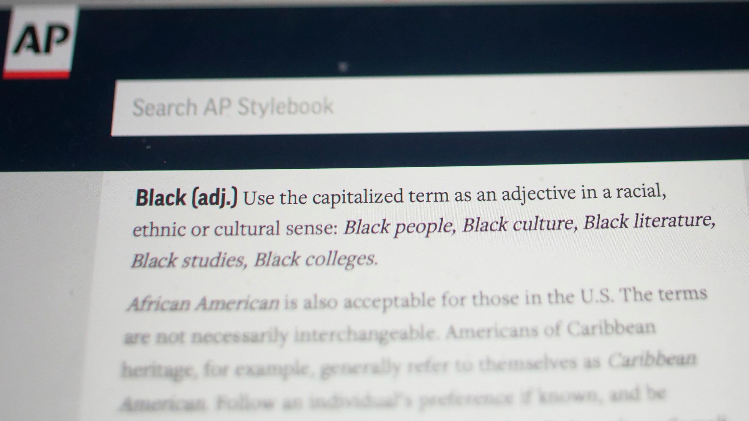 The entry for the word "Black" is shown in the online version of the AP Stylebook on June 19, 2020. (AP Photo/Rick Bowmer)