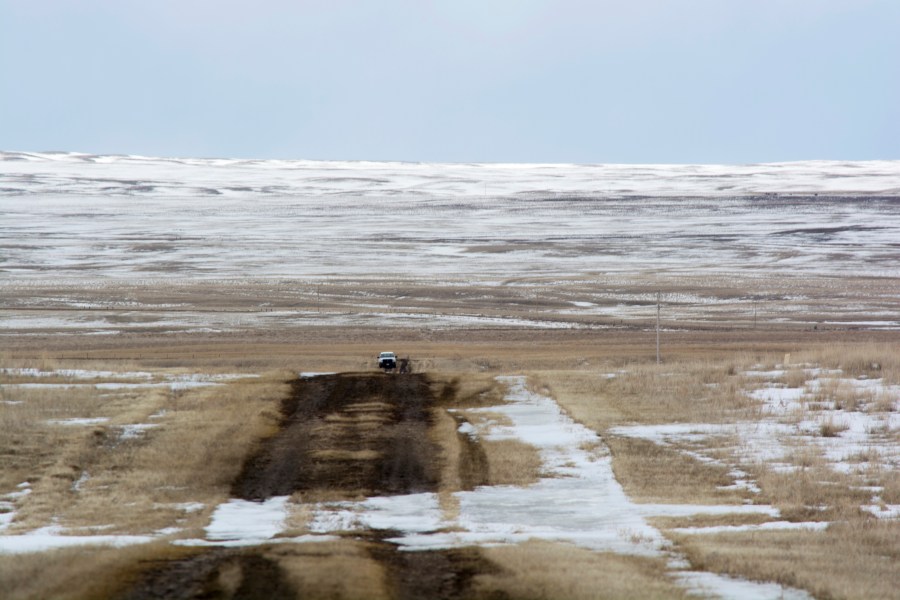 This March 11, 2020, file photo provided by the Bureau of Land Management shows the proposed route of the Keystone XL oil pipeline where it crosses into the United States from Canada in Phillips County, Montana. (Al Nash / Bureau of Land Management via Associated Press)