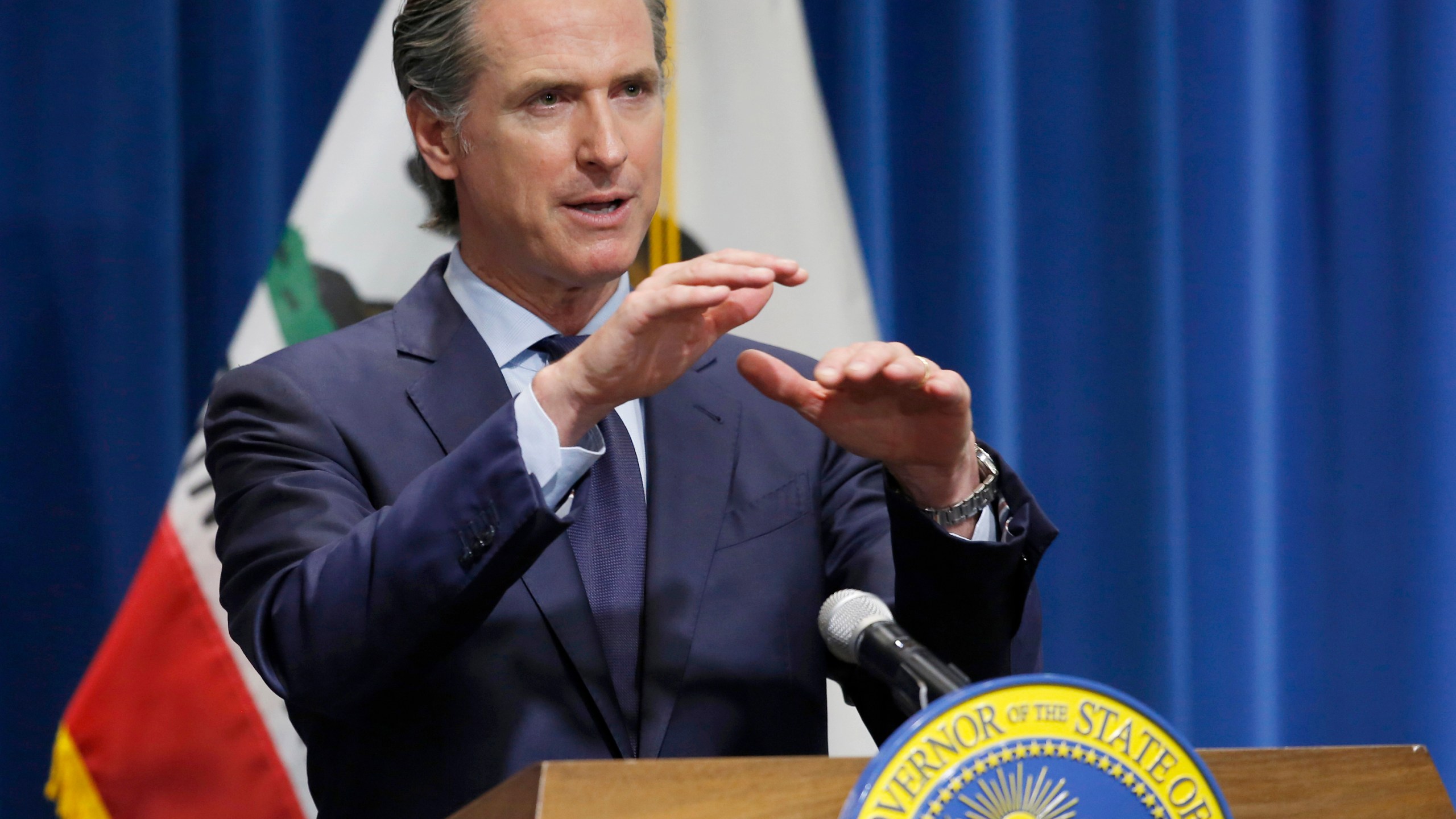 Gov. Gavin Newsom discusses his revised 2020-2021 state budget during a news conference in Sacramento on May 14, 2020. (Rich Pedroncelli / Associated Press)