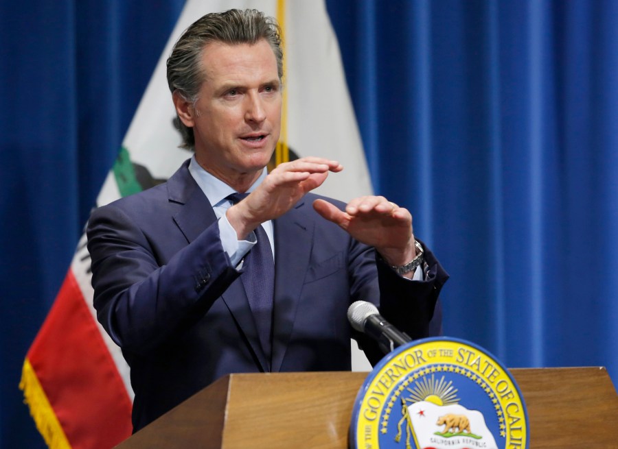 Gov. Gavin Newsom discusses his revised 2020-2021 state budget during a news conference in Sacramento on May 14, 2020. (Rich Pedroncelli / Associated Press)