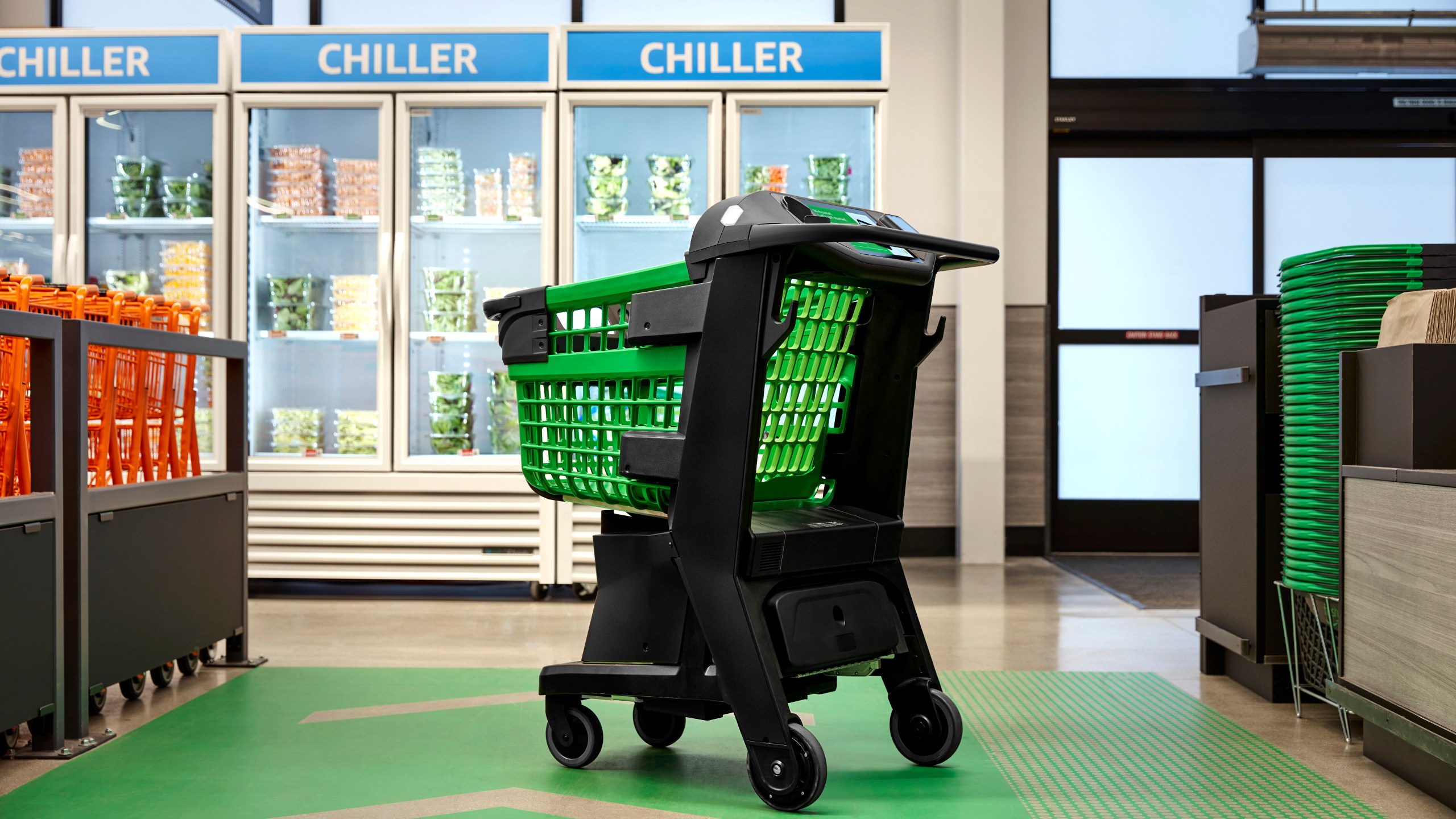 In a photo provided by Amazon, the company's smart shopping cart is seen in spring 2020 in Los Angeles. The cart, which Amazon unveiled on July 14, 2020, uses cameras, sensors and a scale to automatically detect what shoppers drop in. It keeps a tally and then charges their Amazon account when they leave the store. No cashier is needed. (Amazon via AP)