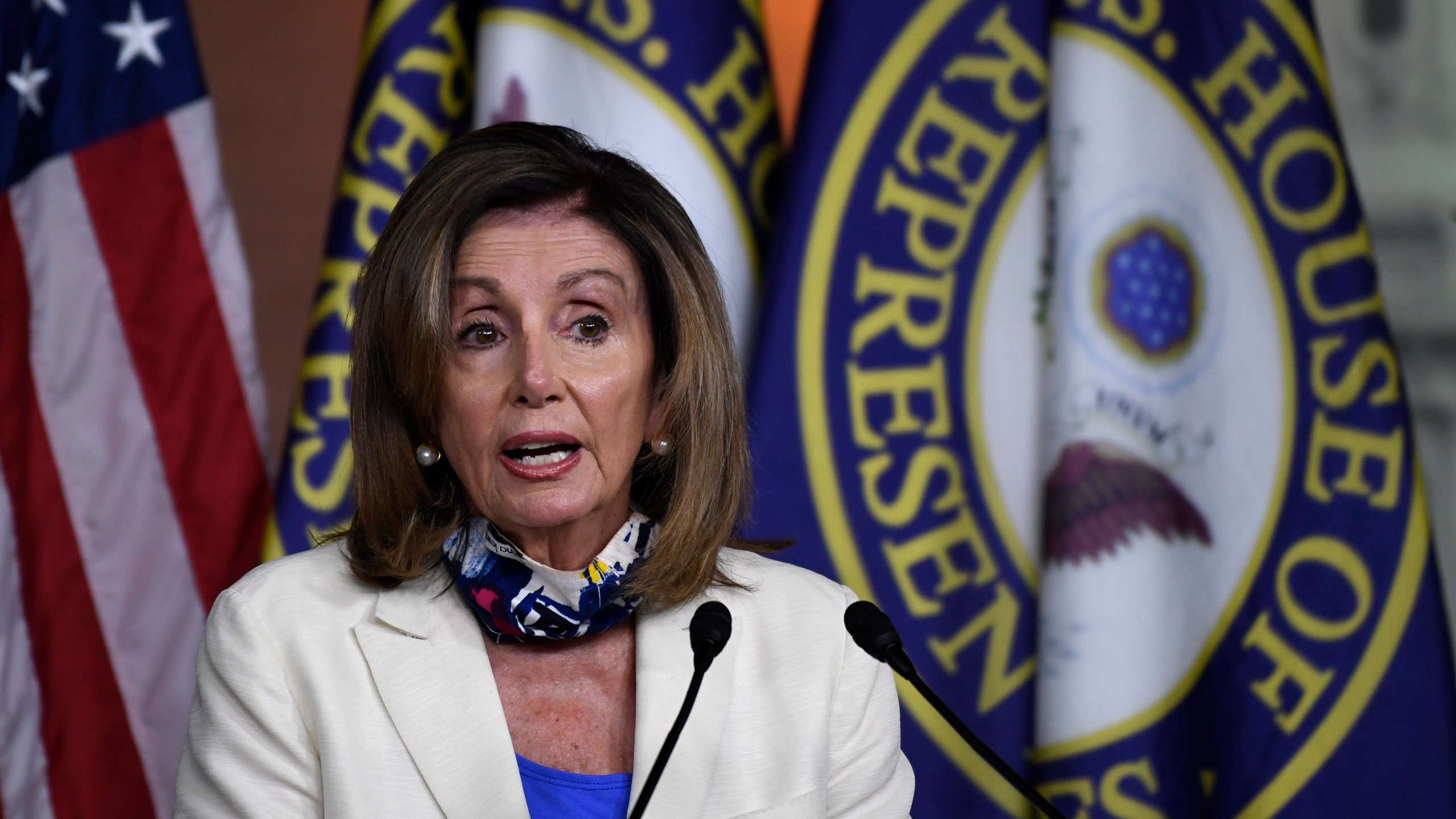 House Speaker Nancy Pelosi speaks during a news conference on Capitol Hill on July 16, 2020. (Susan Walsh/Associated Press)