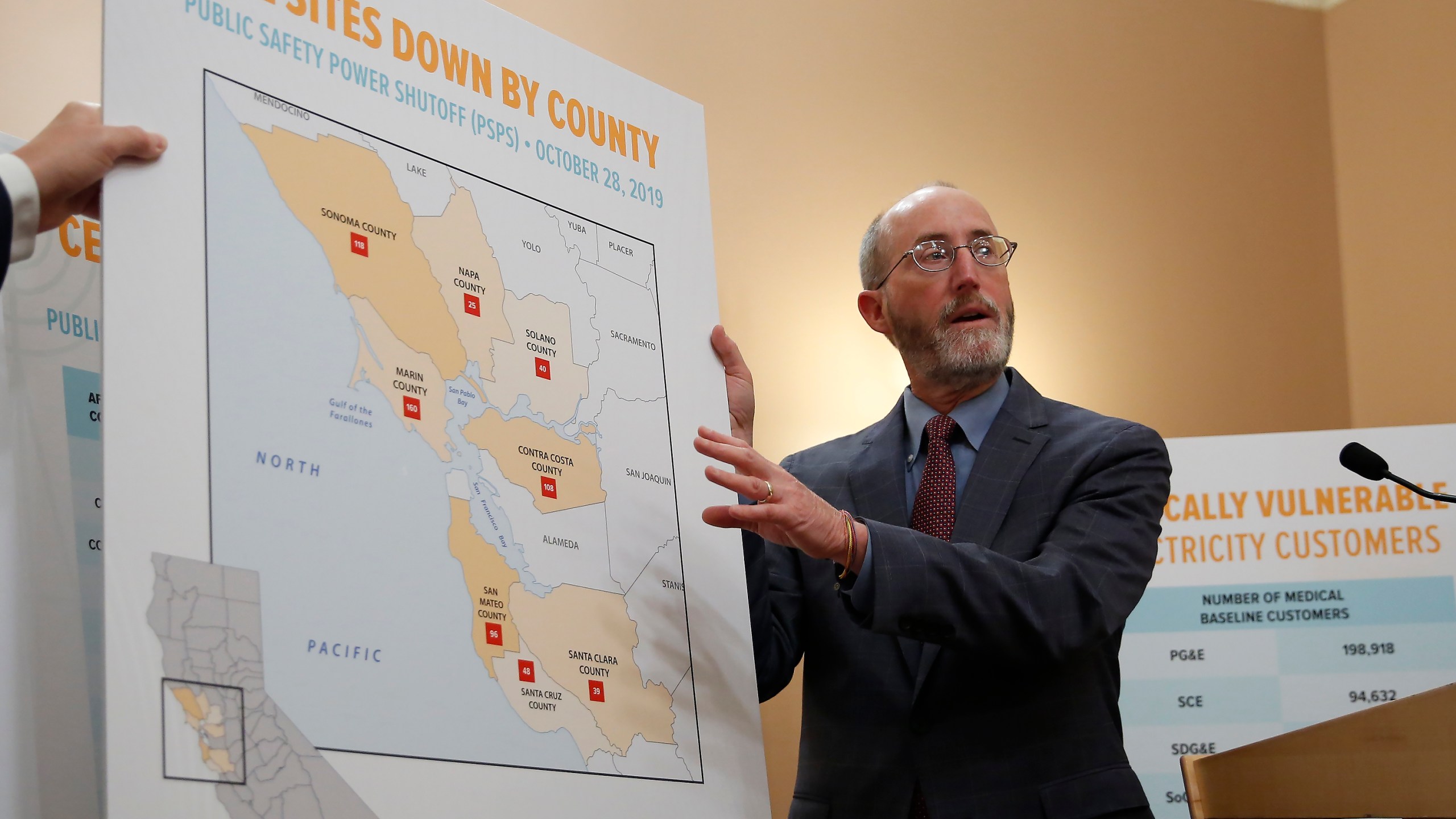 Sen. Steve Glazer, D-Orinda, displays a chart showing cell tower sites that were shut down during power outages in 2019, in Sacramento on Jan. 8, 2020. (AP Photo/Rich Pedroncelli, File)