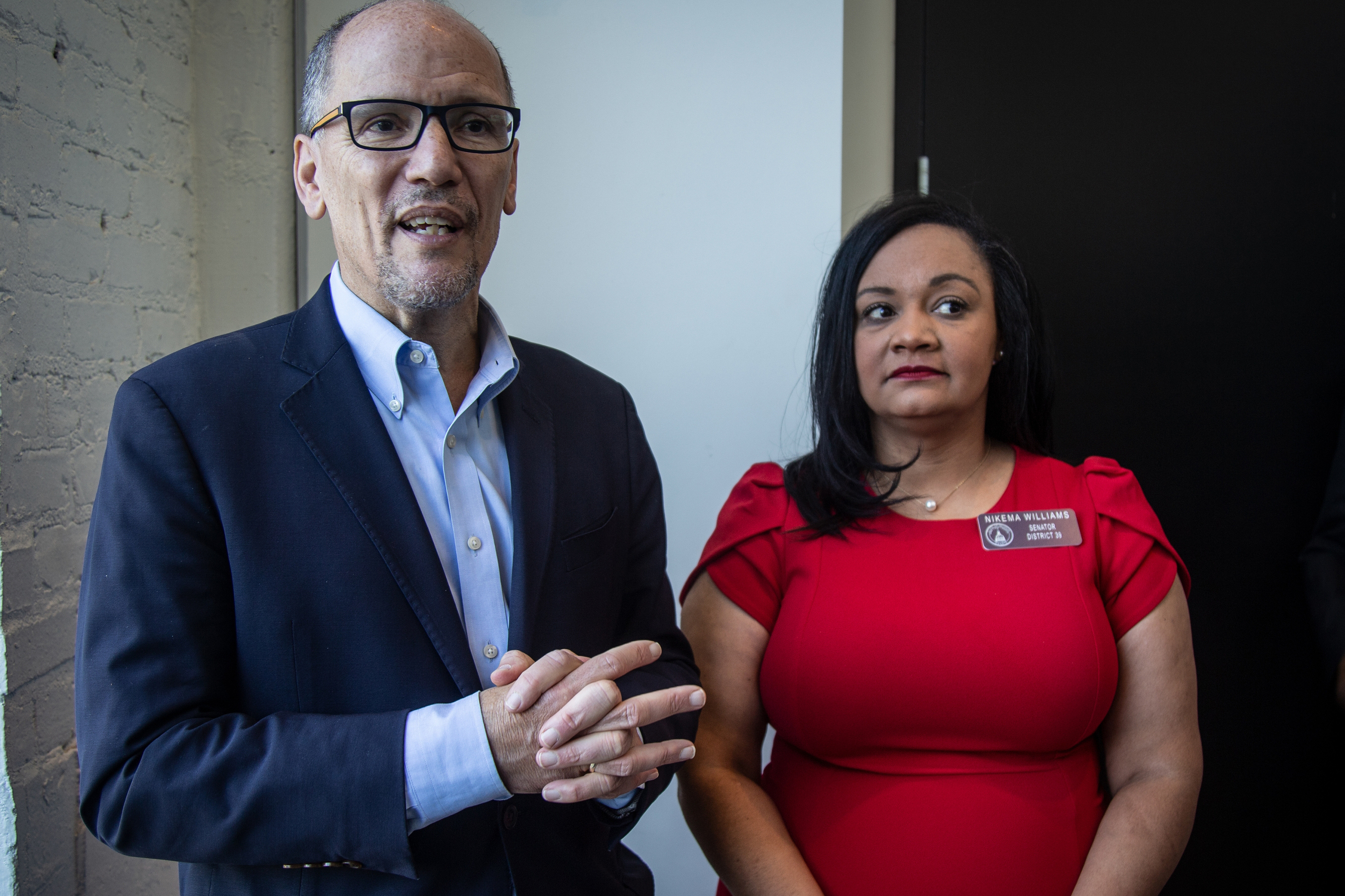 Tom Perez, left, chair of the Democratic National Committee, and Nikema Williams, chair of the Georgia Democratic Party, speak with reporters, in Atlanta on Nov. 20, 2019. (Ron Harris/Associated Press)