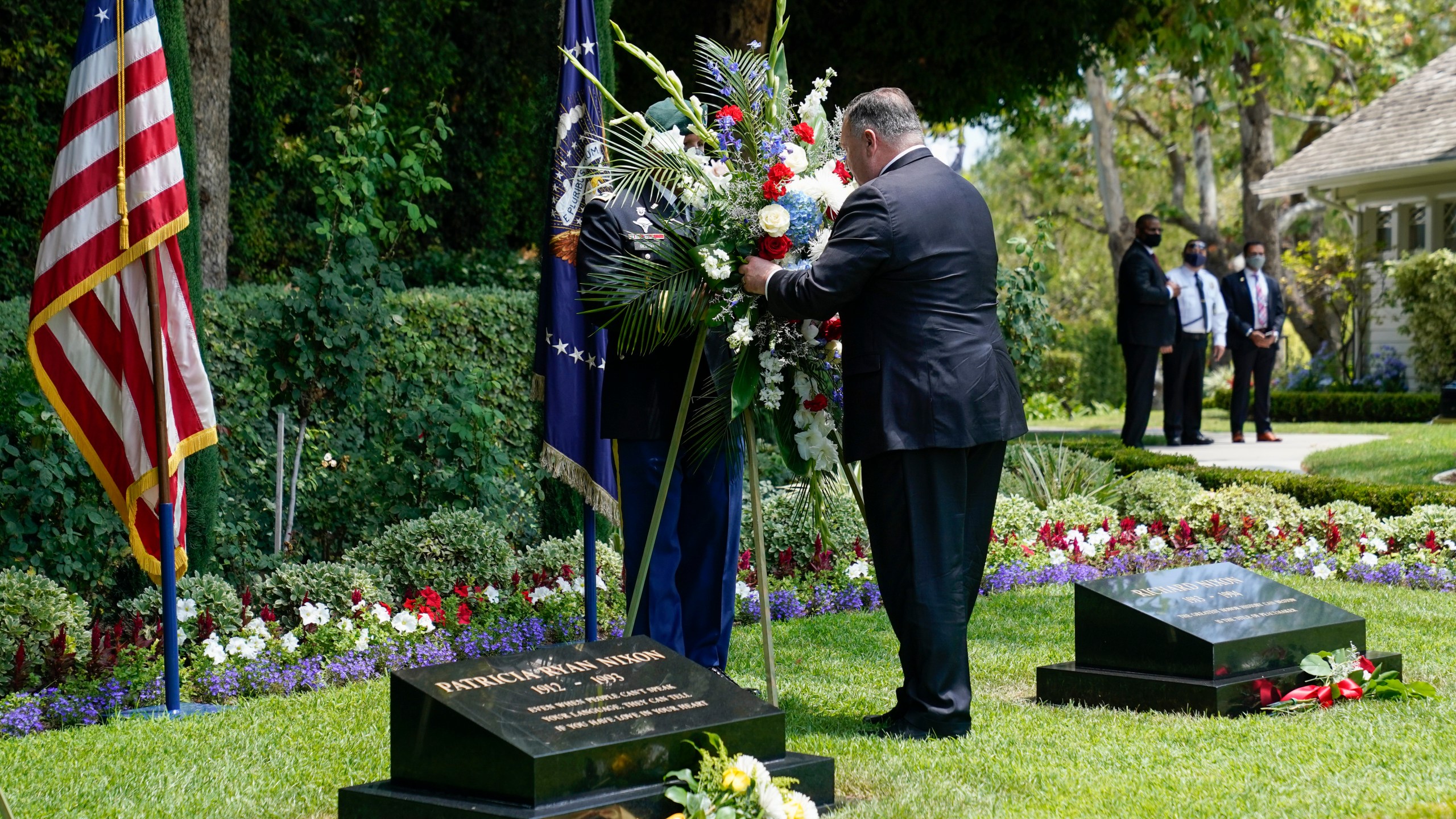 Secretary of State Mike Pompeo lays a wreath at the Richard Nixon Presidential Library, Thursday, July 23, 2020, in Yorba Linda. (AP Photo/Ashley Landis, Pool)