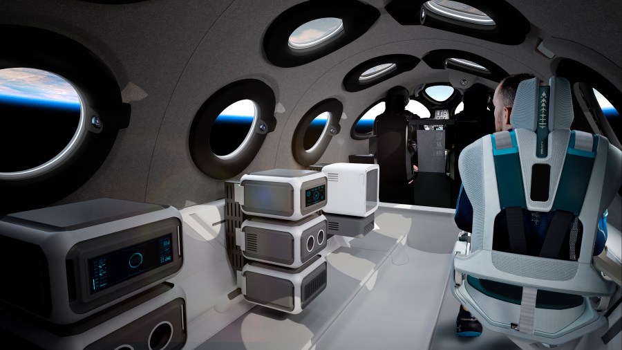 This undated photo released by Virgin Galactic shows the interior of their SpaceShipTwo Cabin during a flight.