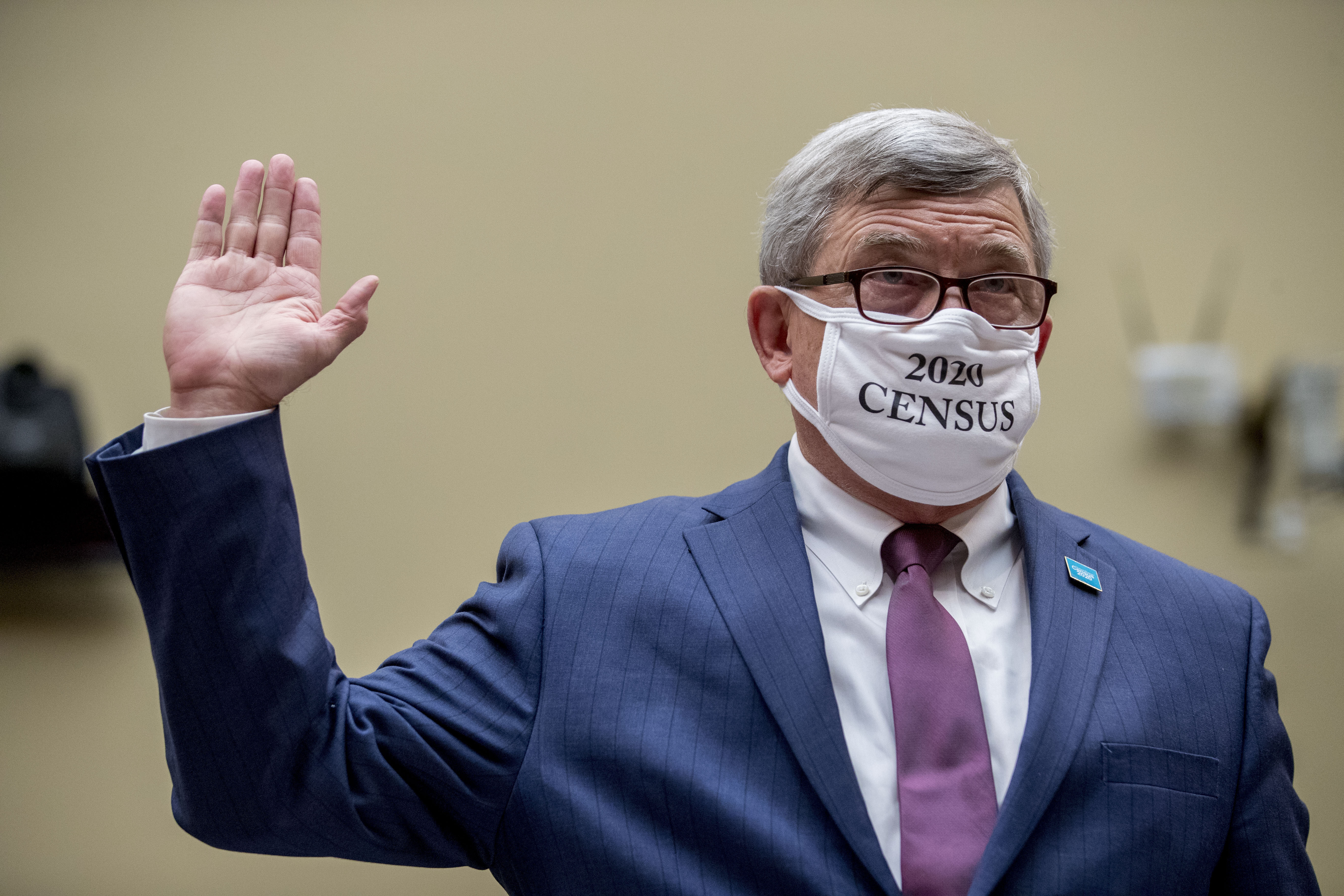 Census Bureau Director Steven Dillingham wears a mask with the words "2020 Census" as he is sworn in to testify before a House Committee on Oversight and Reform hearing on the 2020 Census​ on Capitol Hill on July 29, 2020a. (AP Photo/Andrew Harnik)