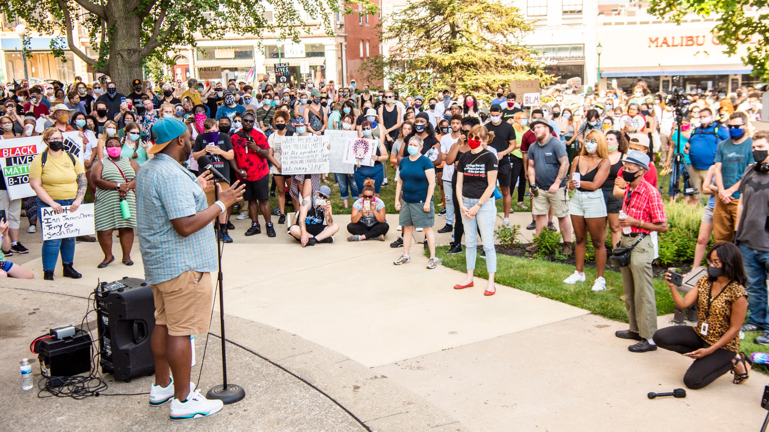 Vauhxx Booker speaks to the hundreds gathered at the Monroe County courthouse on July 6, 2020, in Bloomington, Indiana. (Rich Janzaruk / The Herald-Times via Associated Press)