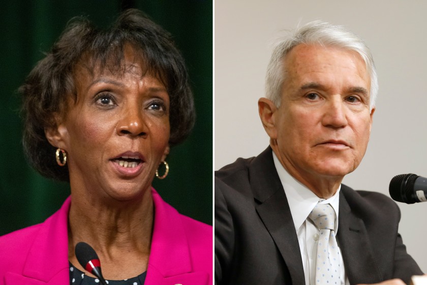 Los Angeles County Dist. Atty. Jackie Lacey and former San Francisco Dist. Atty. George Gascón are shown in undated file photos. (Allen J. Schaben and Carolyn Cole/Los Angeles Times)