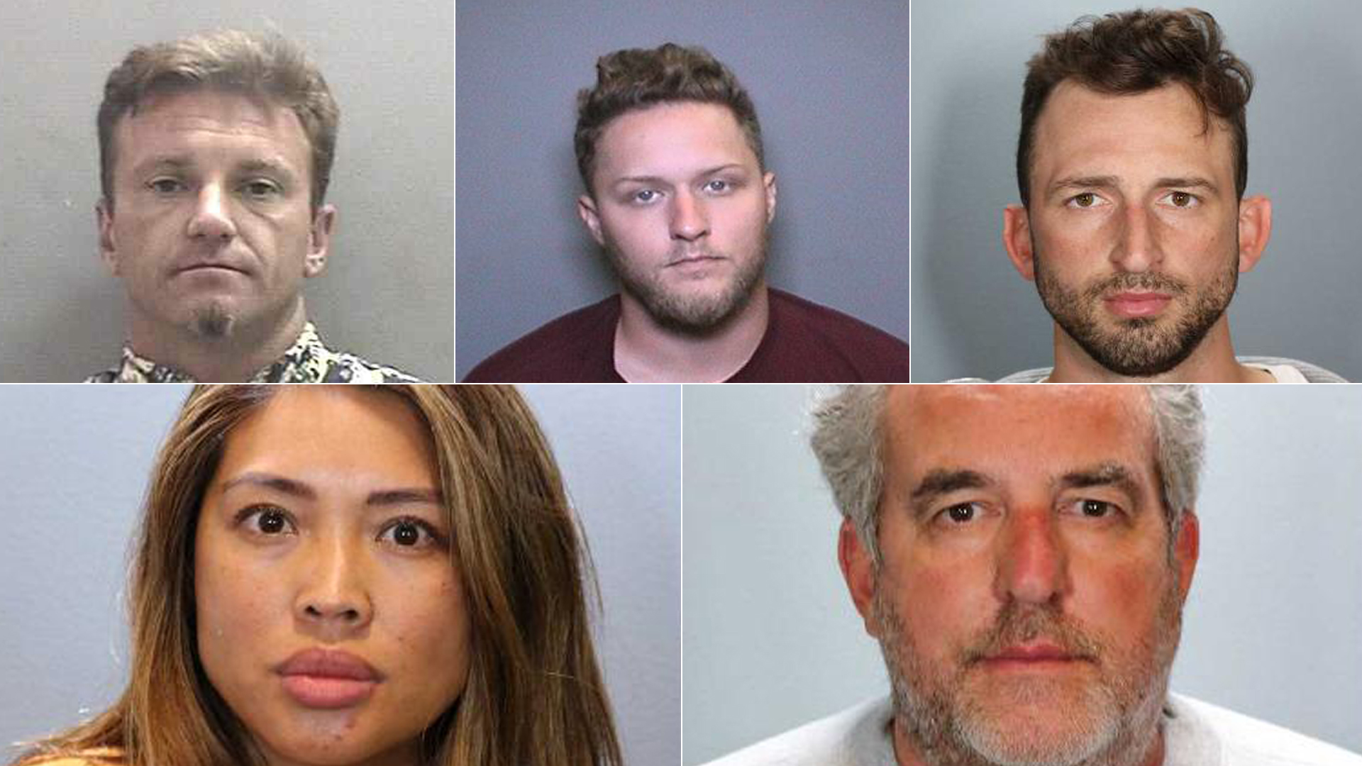 Top left to right: Robert Mellon, Patrick Connolly, Thomas Douglas, Liza Vismanos and Randy Rosen are shown in photos released by the Orange County District Attorney’s Office on July 3, 2020.