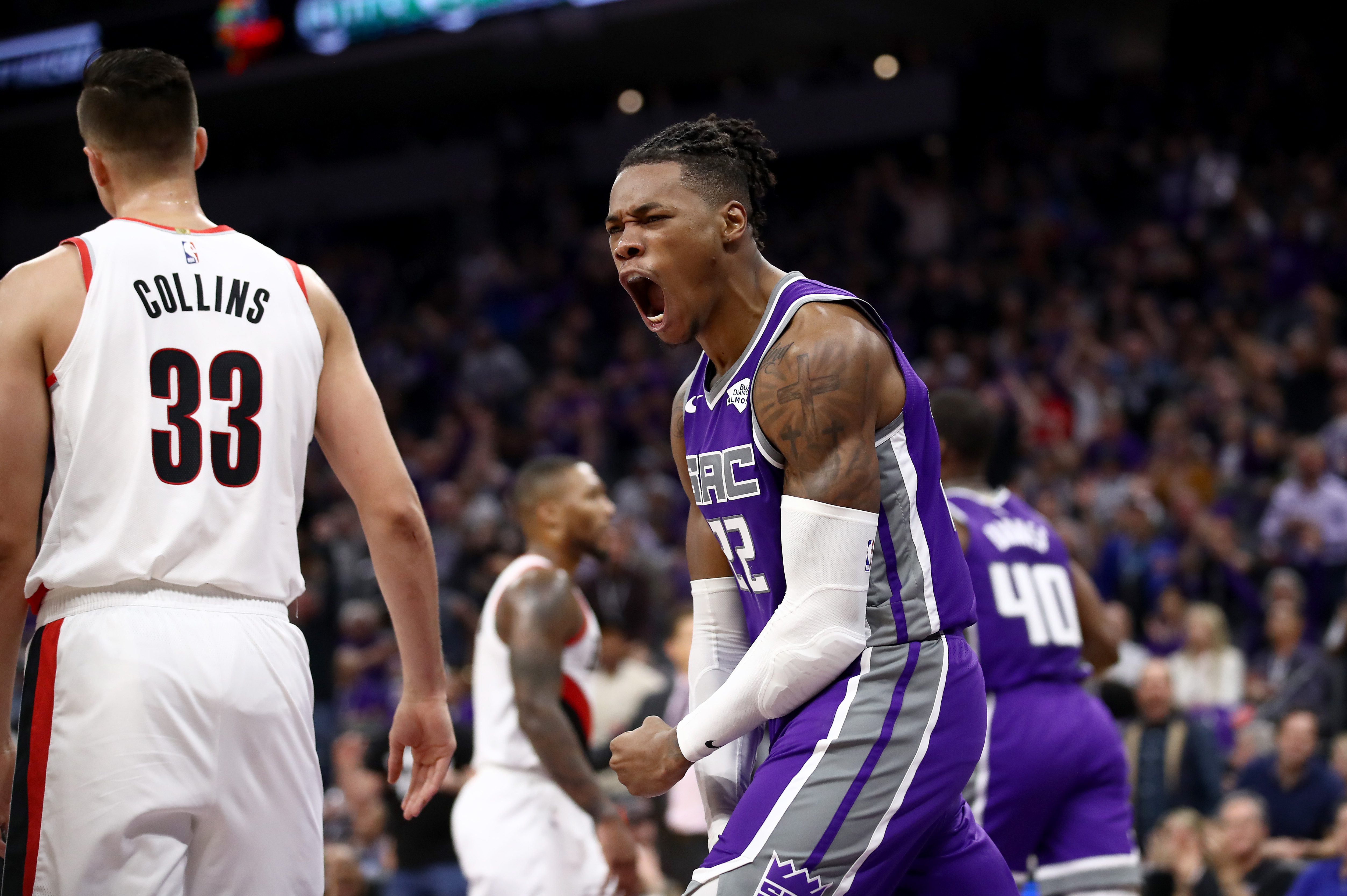 Richaun Holmes #22 of the Sacramento Kings reacts after dunking the ball against the Portland Trail Blazers at Golden 1 Center on Oct. 25, 2019 in Sacramento. (Ezra Shaw/Getty Images)