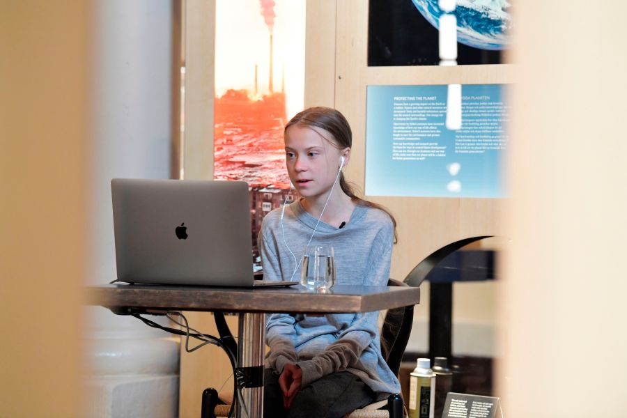 Swedish climate and environmental activist Greta Thunberg is seen during a video conversation with Swedish Professor and joint director of the Potsdam Institute for Climate Impact Research during a live broadcast from the Nobel Prize Museum in Stockholm, Sweden, on April 22, 2020. (JESSICA GOW/TT News Agency/AFP via Getty Images)