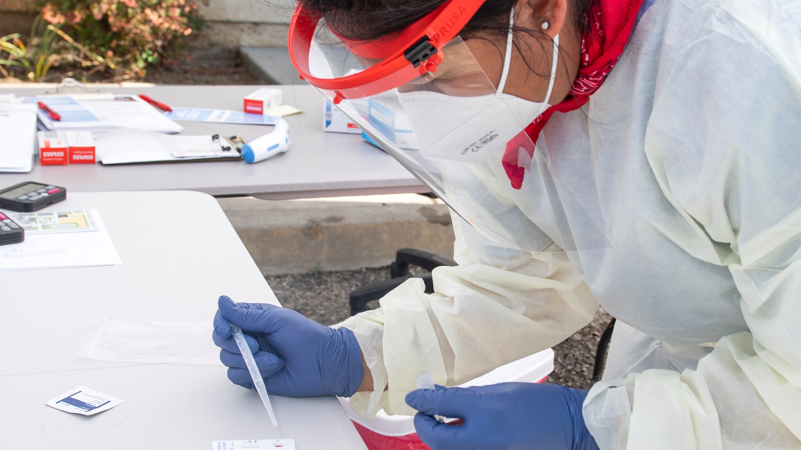 A health worker in Torrance processes a COVID-19 antibody test after getting a patient's blood sample on May 5, 2020. (Valerie Macon / AFP / Getty Images)