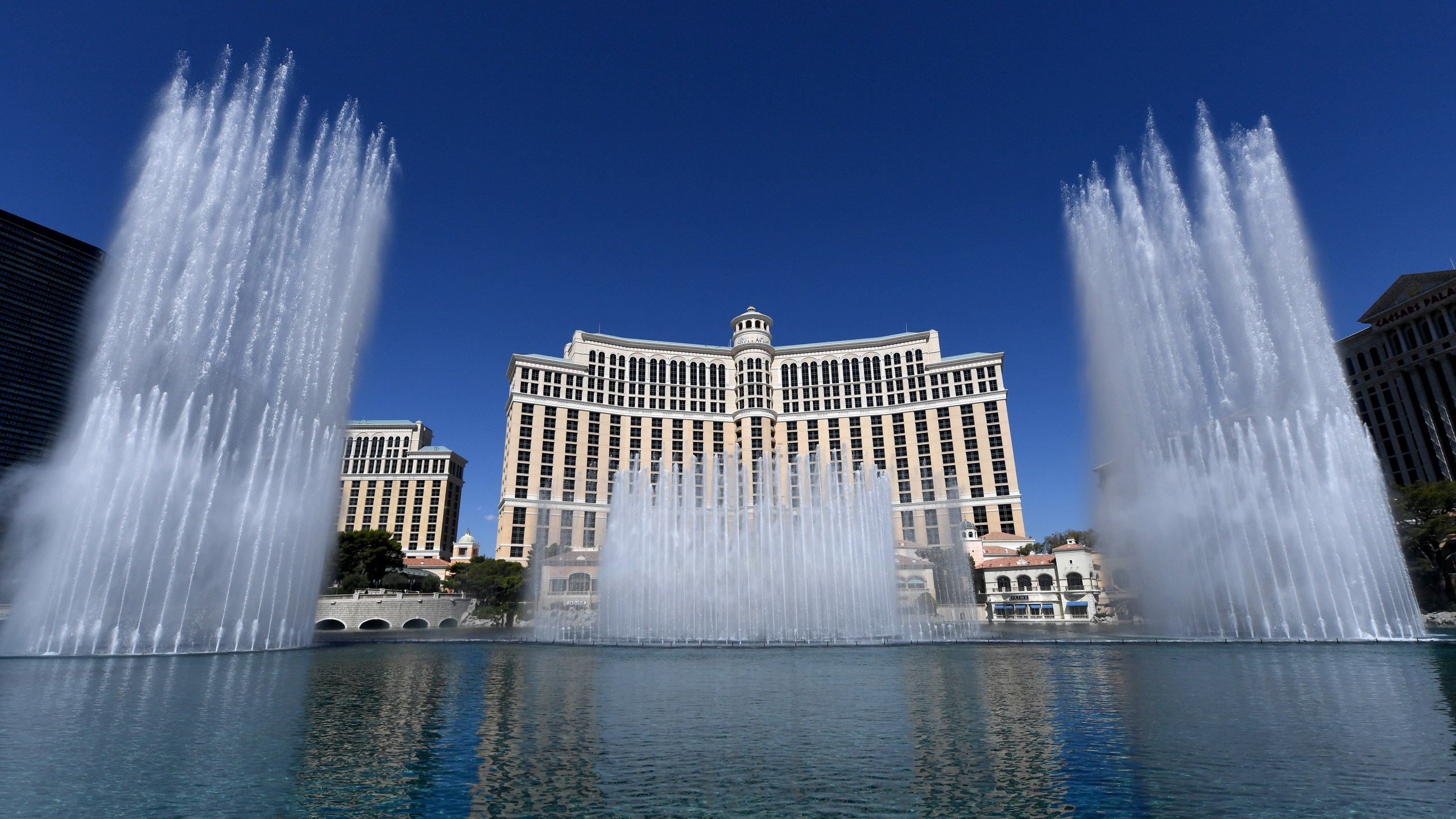 The Fountains of Bellagio launch for the first time since the Las Vegas resort closed on March 17 because of the coronavirus pandemic on June 4, 2020. (Ethan Miller / Getty Images)