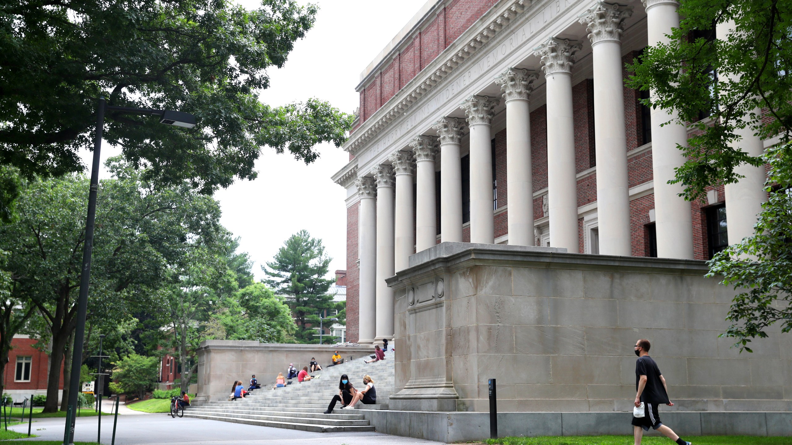 A view of Harvard Yard on the campus of Harvard University on July 8, 2020 in Cambridge, Mass. Harvard and Massachusetts Institute of Technology have sued the Trump administration for its decision to strip international college students of their visas if all of their courses are held online. (Maddie Meyer/Getty Images)